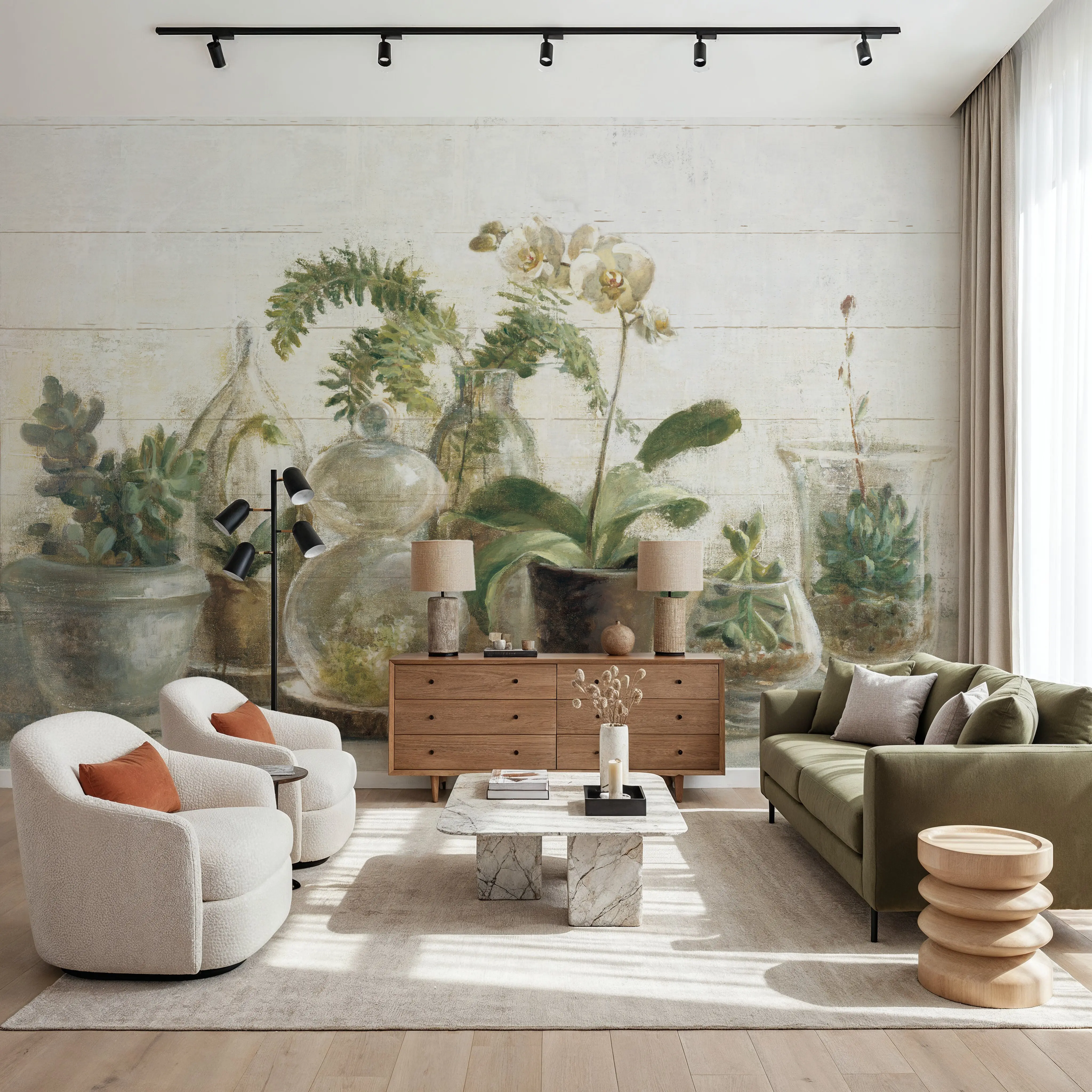 Papier Peint Panoramique - Greenhouse Orchids on Shiplap - Floral Nature - Vert - Couloir et escaliers - Wallism Belgique