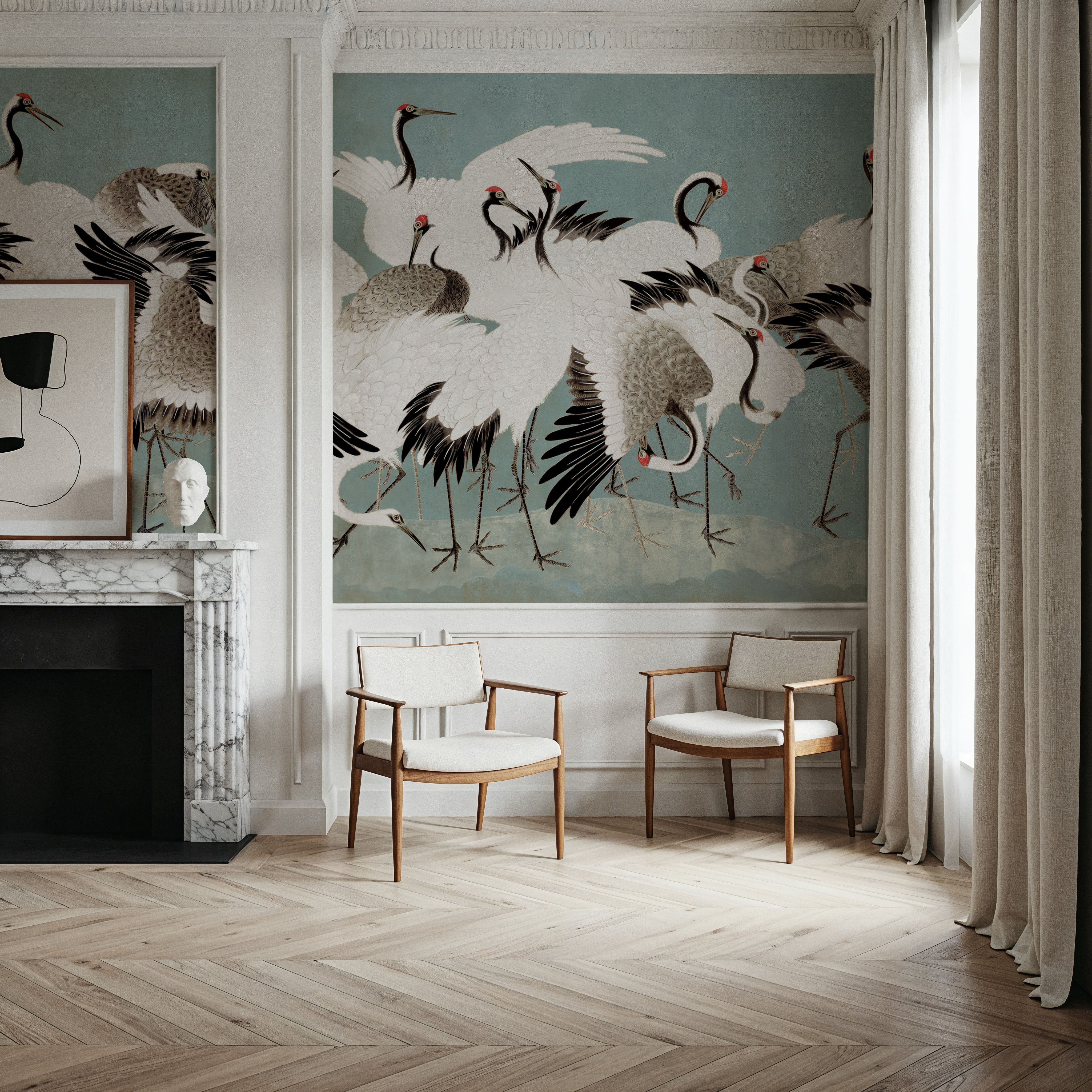 Japanese Flock of Cranes, Calm Ocean