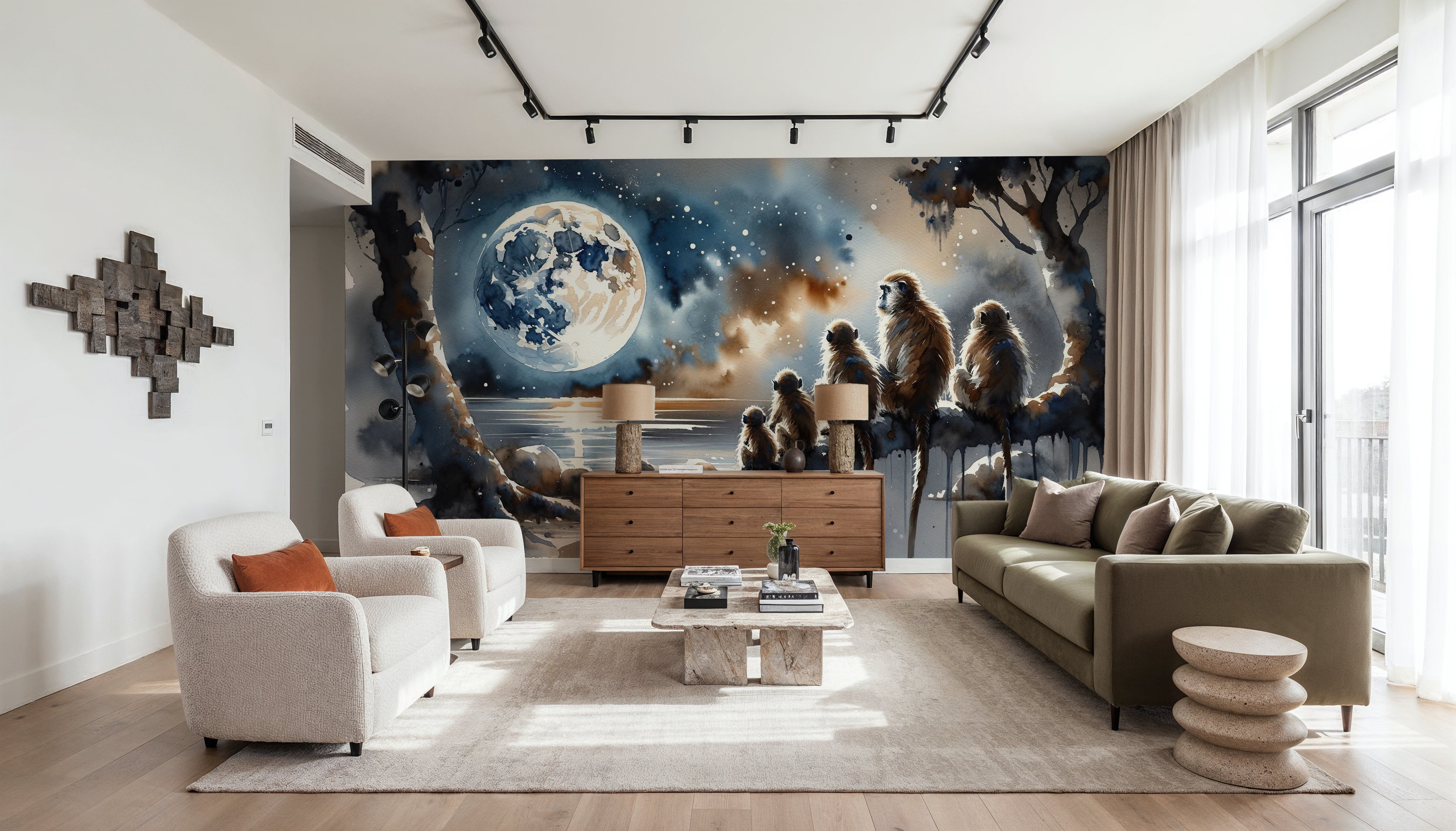 Monkey Family Night Giant Moon Watercolor