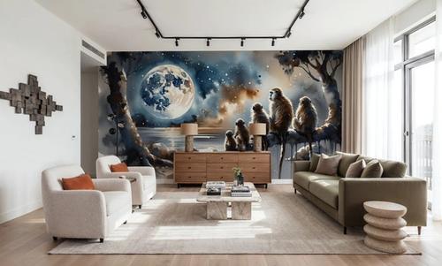 Monkey Family Night Giant Moon Watercolor
