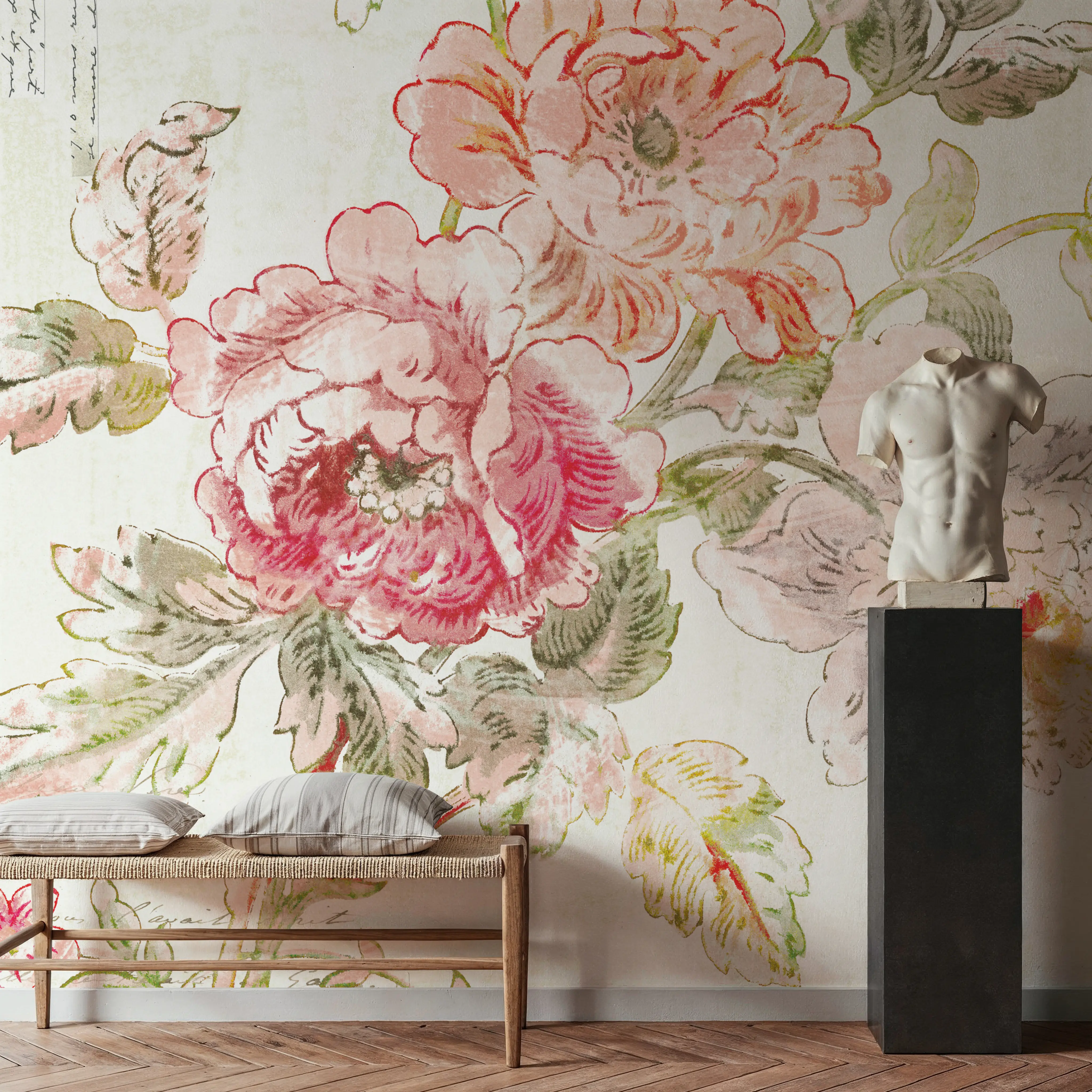 Fotobehang - Cottage Roses I - Chintz Natuur Mural - Roze - Kantoorruimtes - Wallism België - Zelfklevend of Vliesbehang