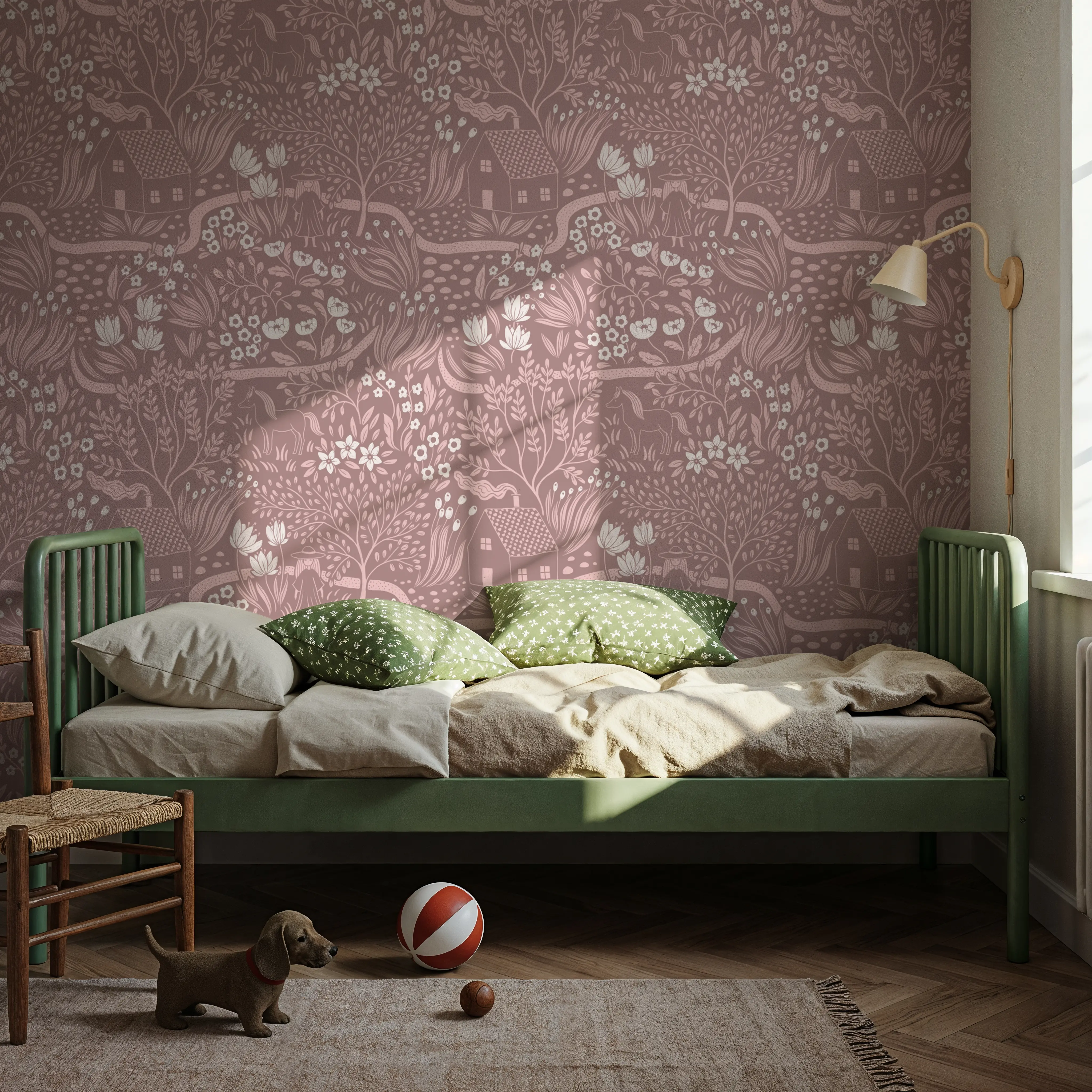 Wallpaper - Countryside, Dusty Pink - Toile de Jouy - Brown - Kids' Room - Wallism UK - Peel & Stick or Paste-the-Wall