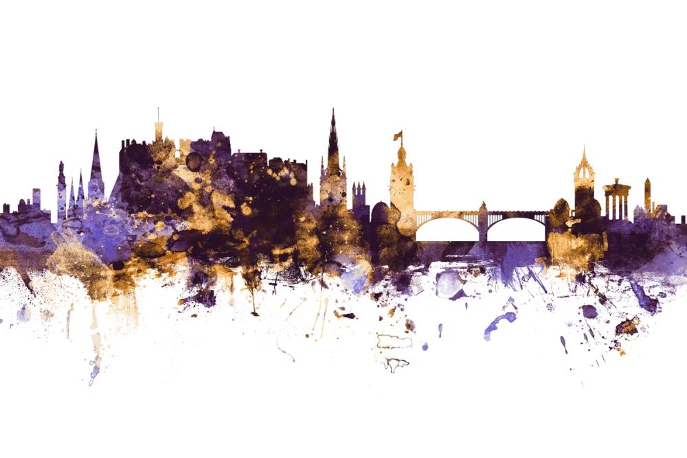 Edinburgh Scotland Skyline Purple & Gold