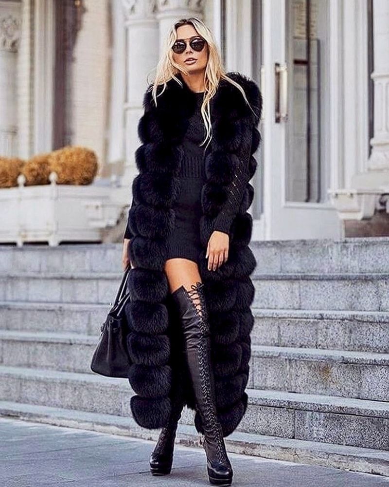long fur vest in black color