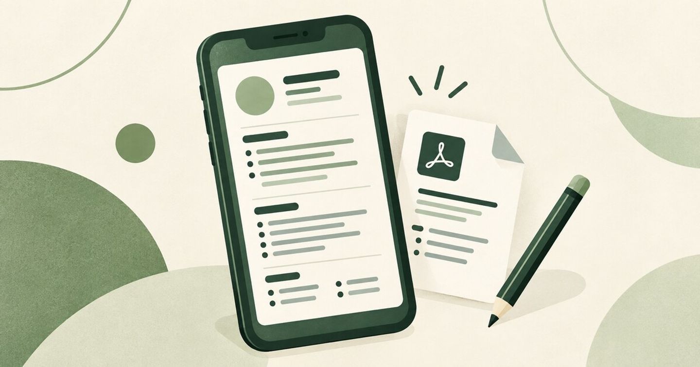 Green illustration of a smartphone showing a CV, with a document and pencil beside it.