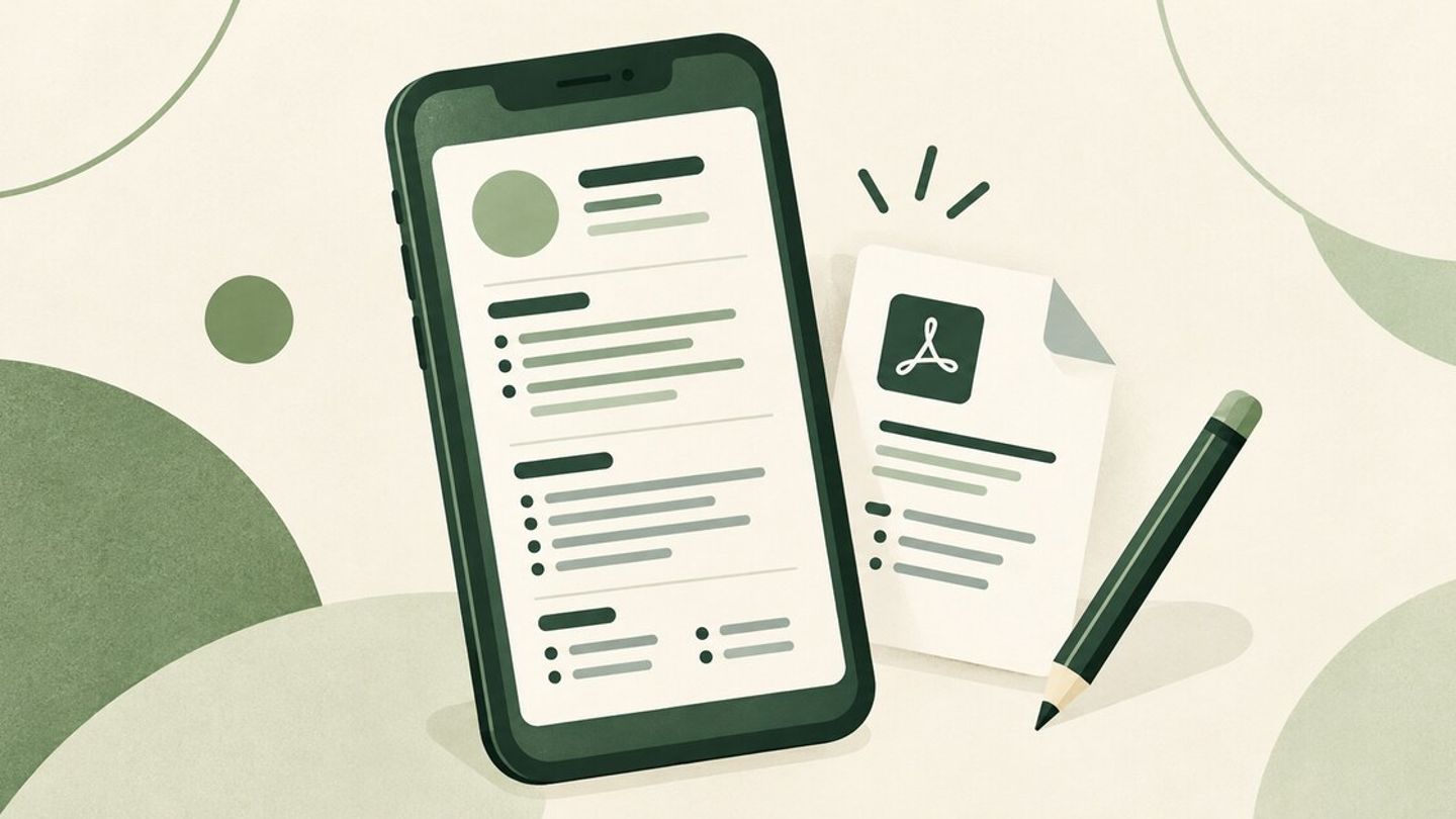 Green illustration of a smartphone showing a CV, with a document and pencil beside it.