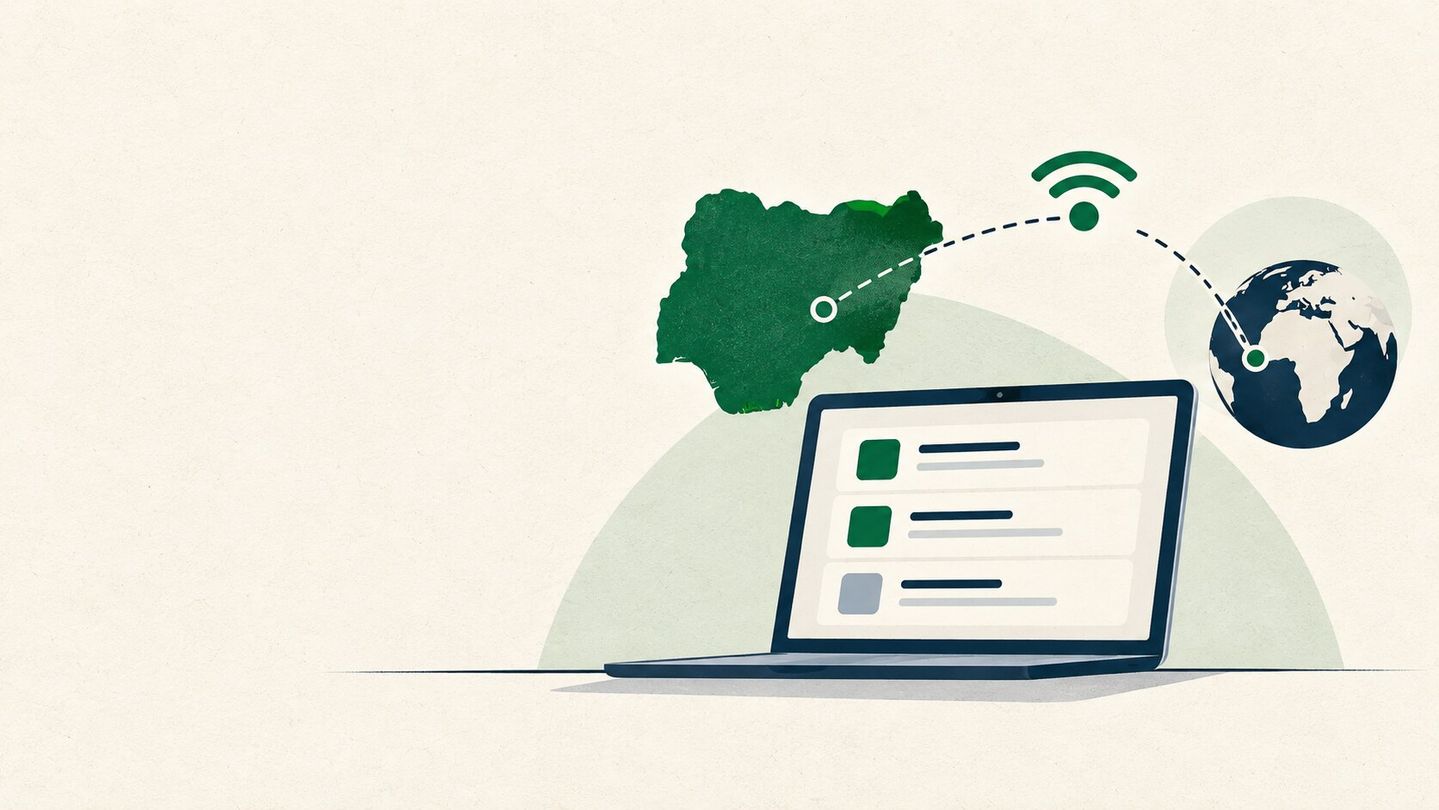 Illustration of a laptop job list connected to Nigeria and a globe