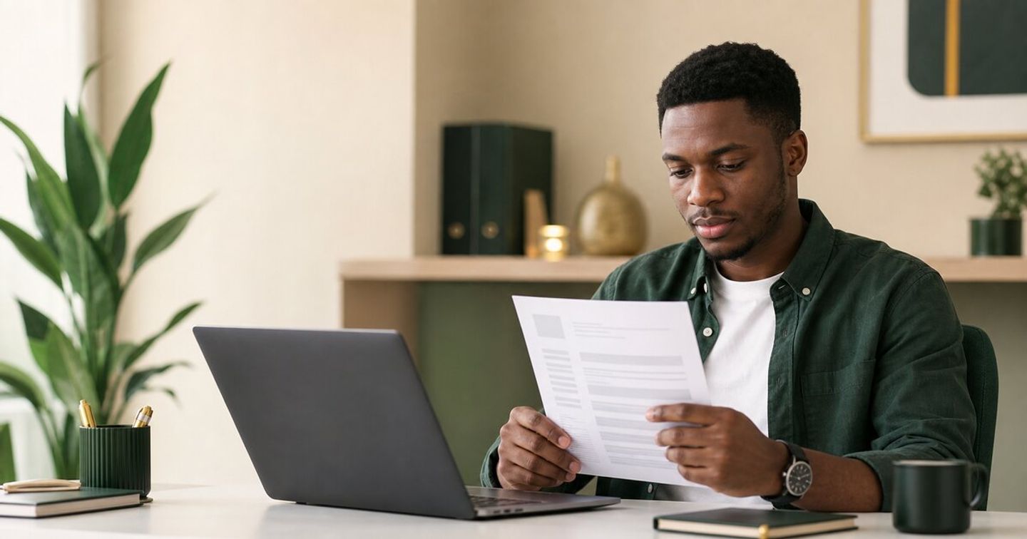 Nigerian professional reviewing a clean CV beside a laptop in a modern workspace.
