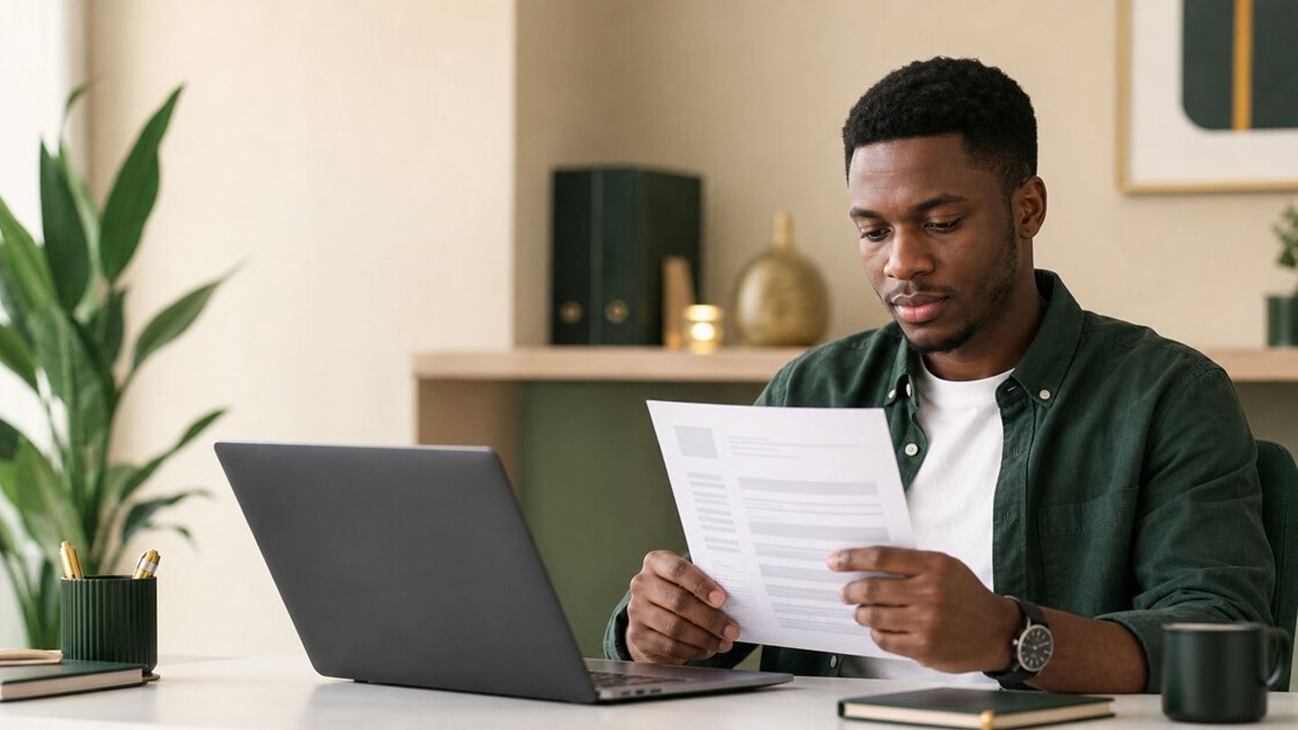 Nigerian professional reviewing a clean CV beside a laptop in a modern workspace.