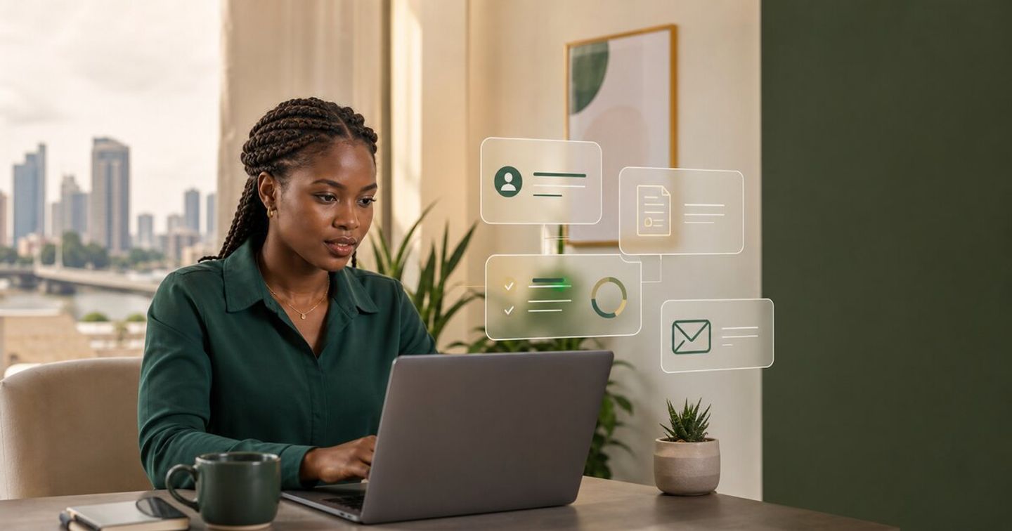 Nigerian professional using a laptop with abstract job matching and application workflow cards.