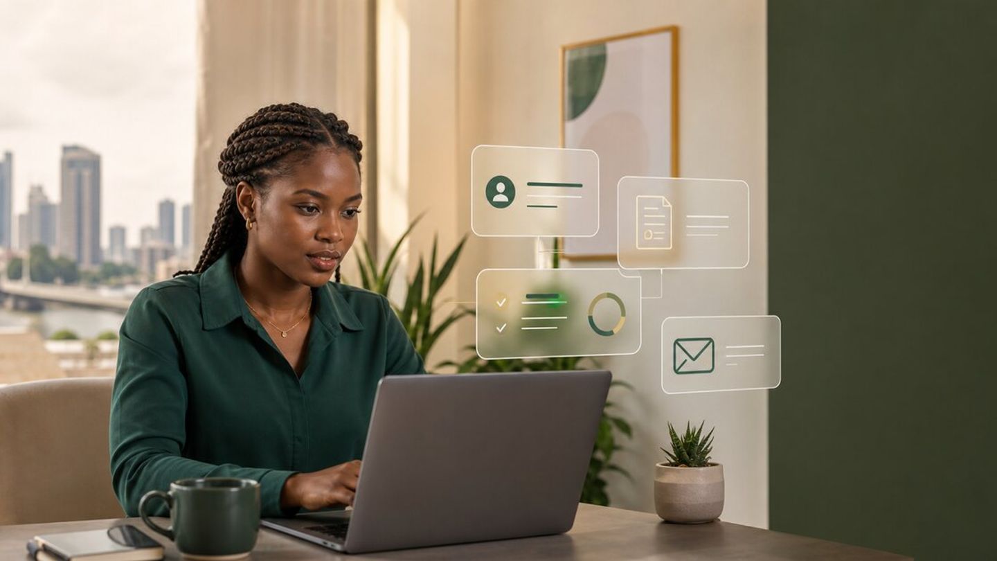 Nigerian professional using a laptop with abstract job matching and application workflow cards.
