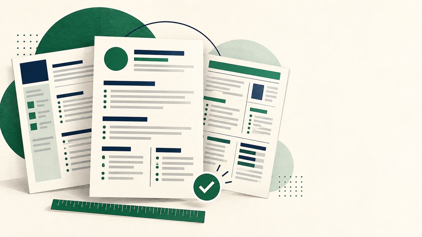 Three illustrated CV layouts with a selection checkmark