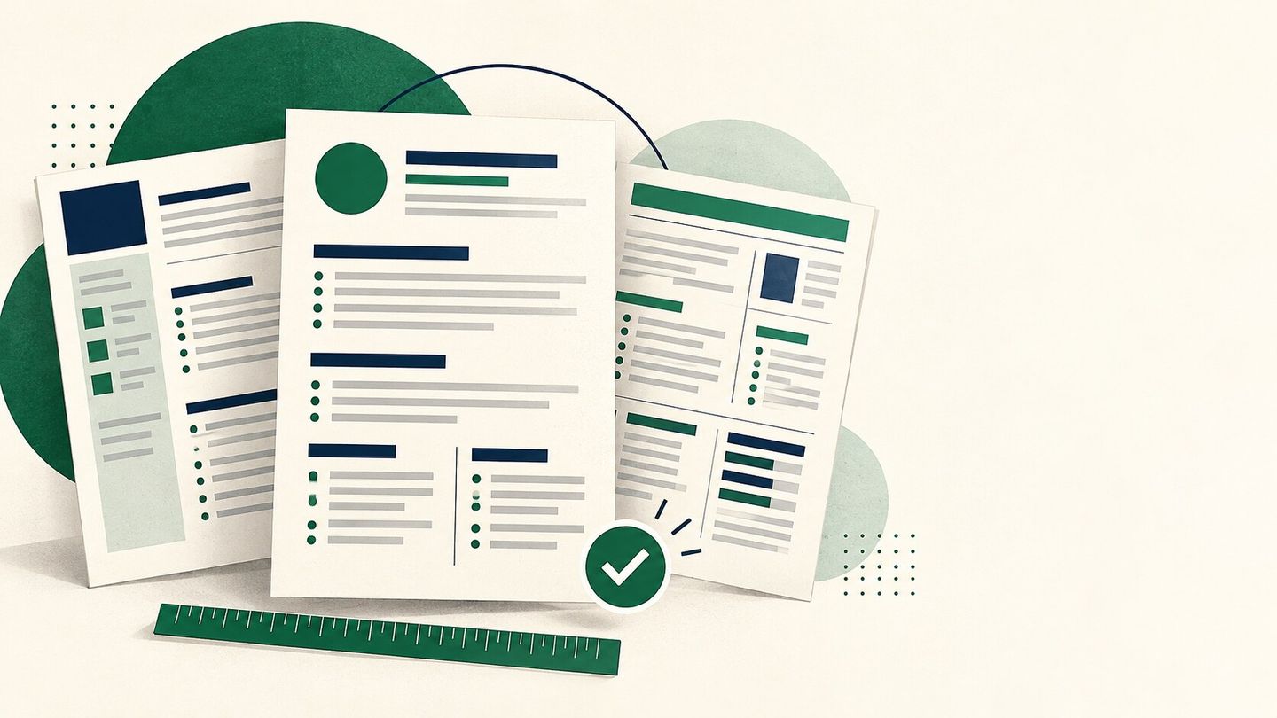 Three illustrated CV layouts with a selection checkmark