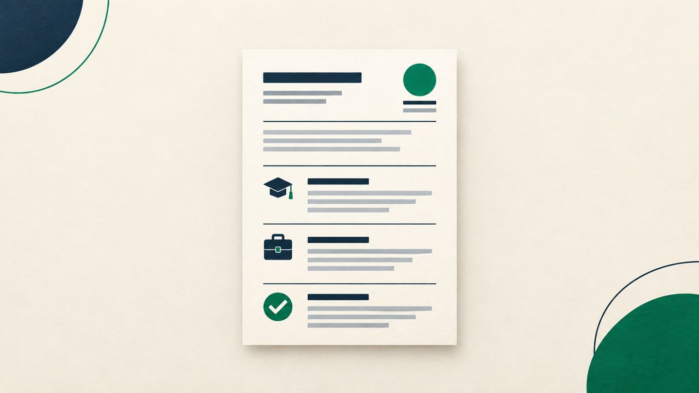 Minimal illustration of a CV page with education, work and checklist symbols