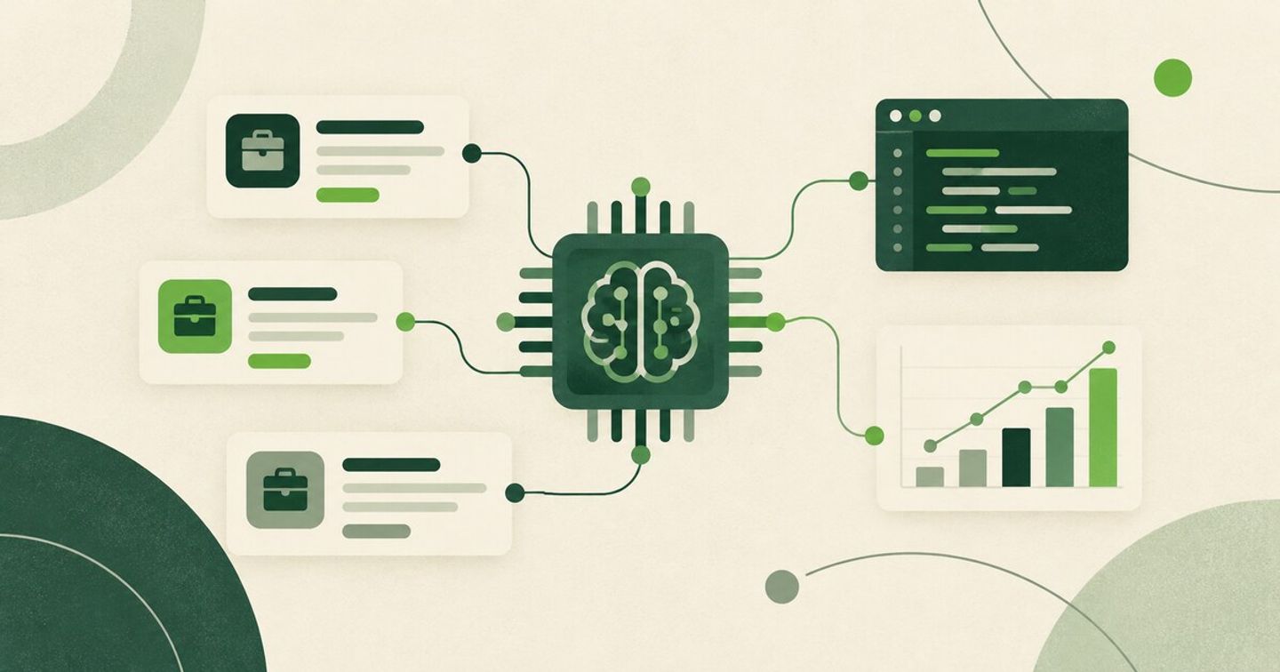 Illustration of an AI chip connected to job cards, a code window, and a data chart in green and cream.