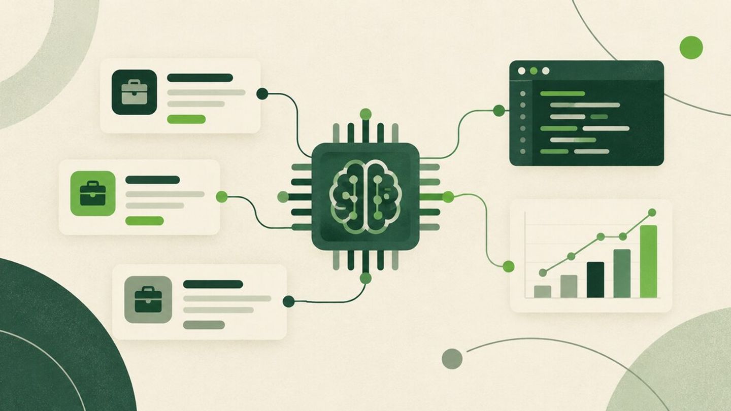 Illustration of an AI chip connected to job cards, a code window, and a data chart in green and cream.