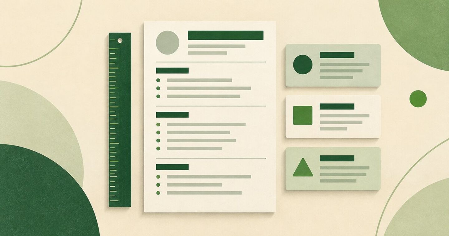 Illustration of a neatly arranged CV page, a ruler, and three section cards in green and cream.