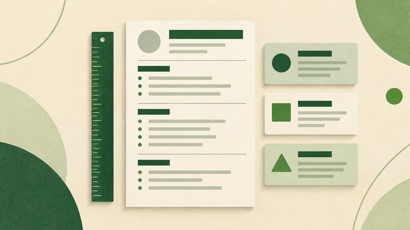 Illustration of a neatly arranged CV page, a ruler, and three section cards in green and cream.