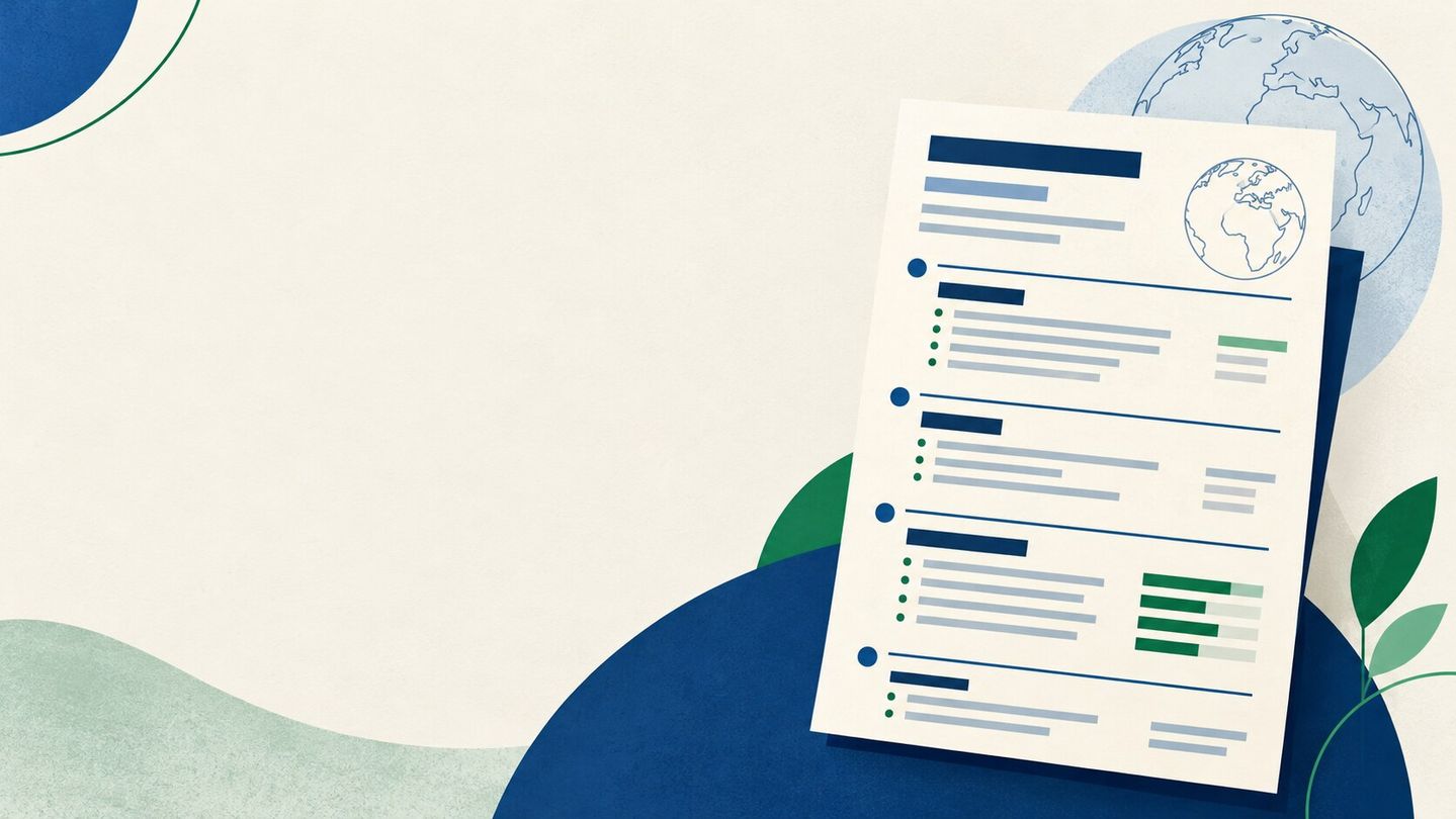 Minimal illustration of a sectioned CV page and a globe outline