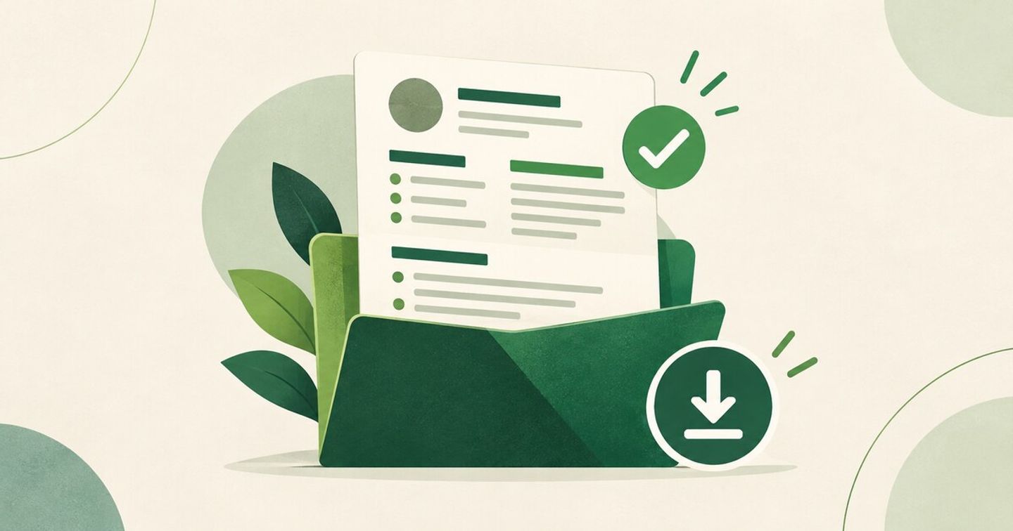Green illustration of a resume in a folder with a check mark and download arrow.