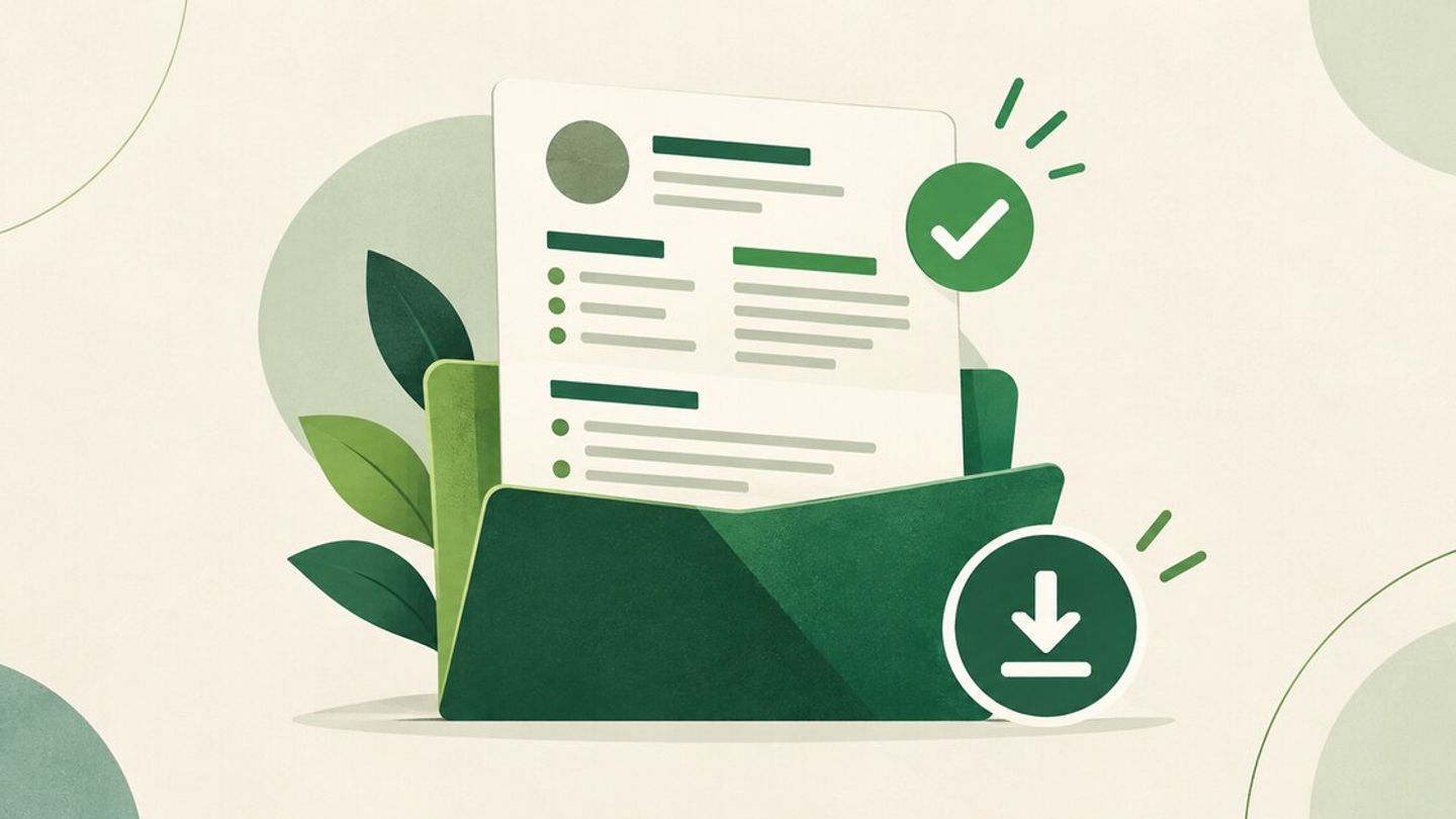 Green illustration of a resume in a folder with a check mark and download arrow.