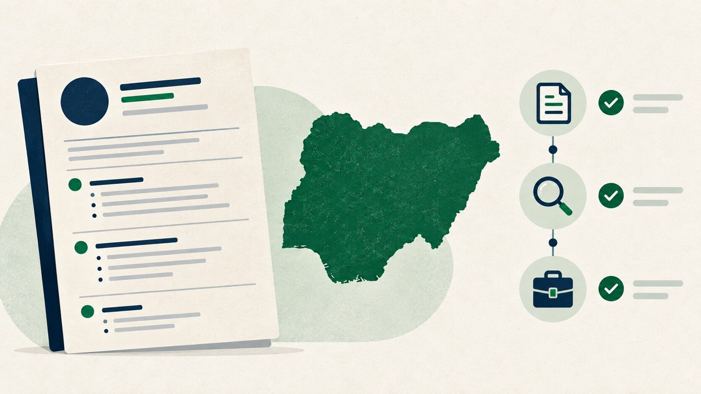 Illustration of a CV, Nigeria map and three-step checklist