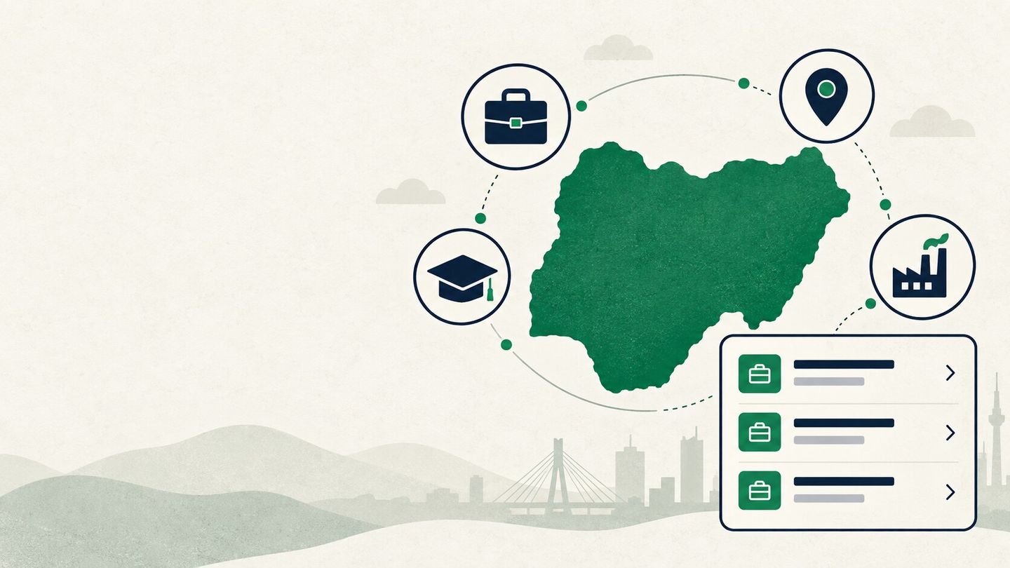 Illustration of a Nigeria map, job symbols and a search results card