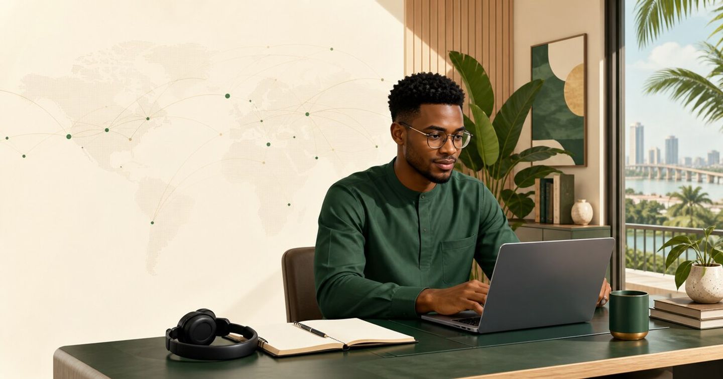 Nigerian professional working remotely from a home office with global connections in the background.