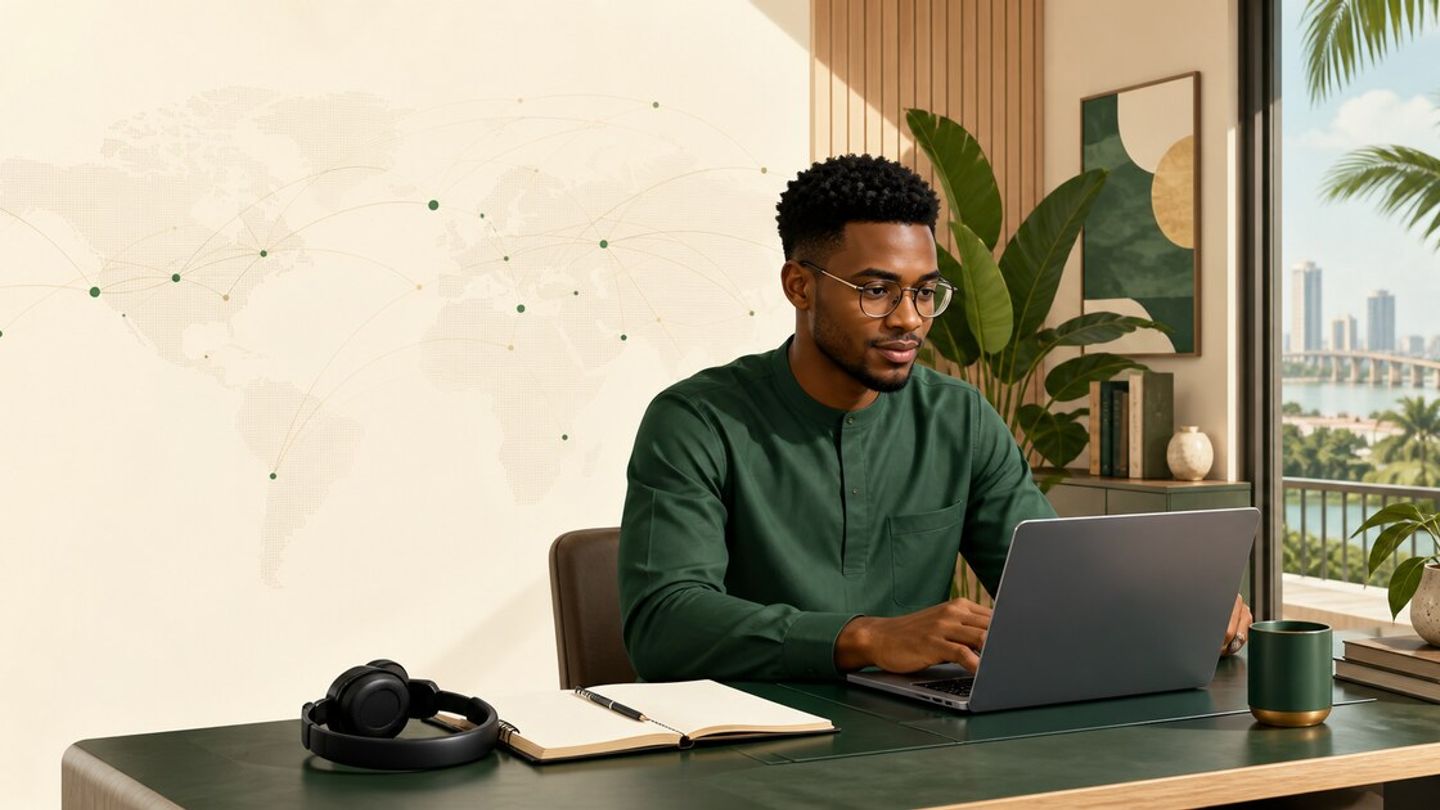 Nigerian professional working remotely from a home office with global connections in the background.