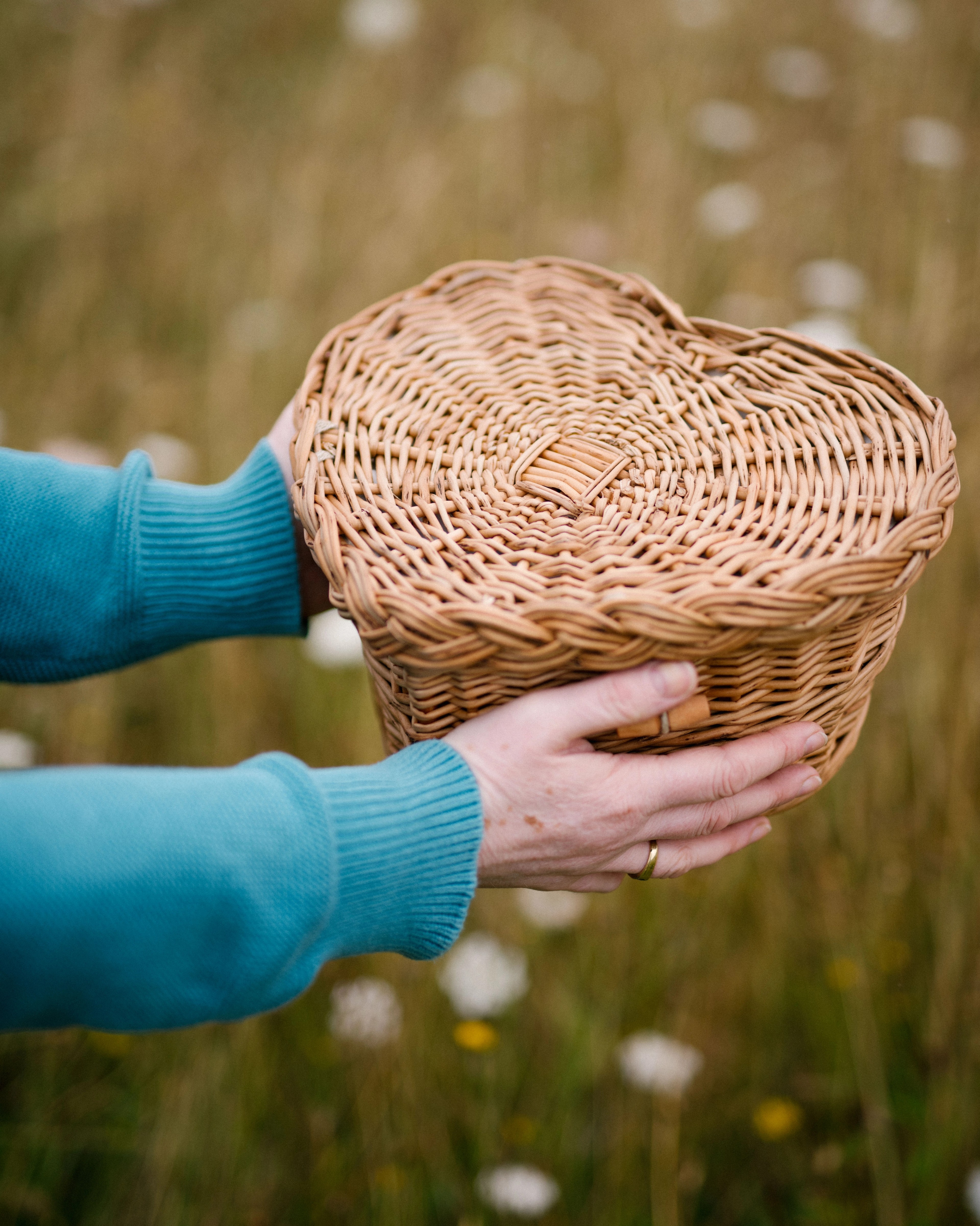 A biodegradable urn held over a wildflower meadow