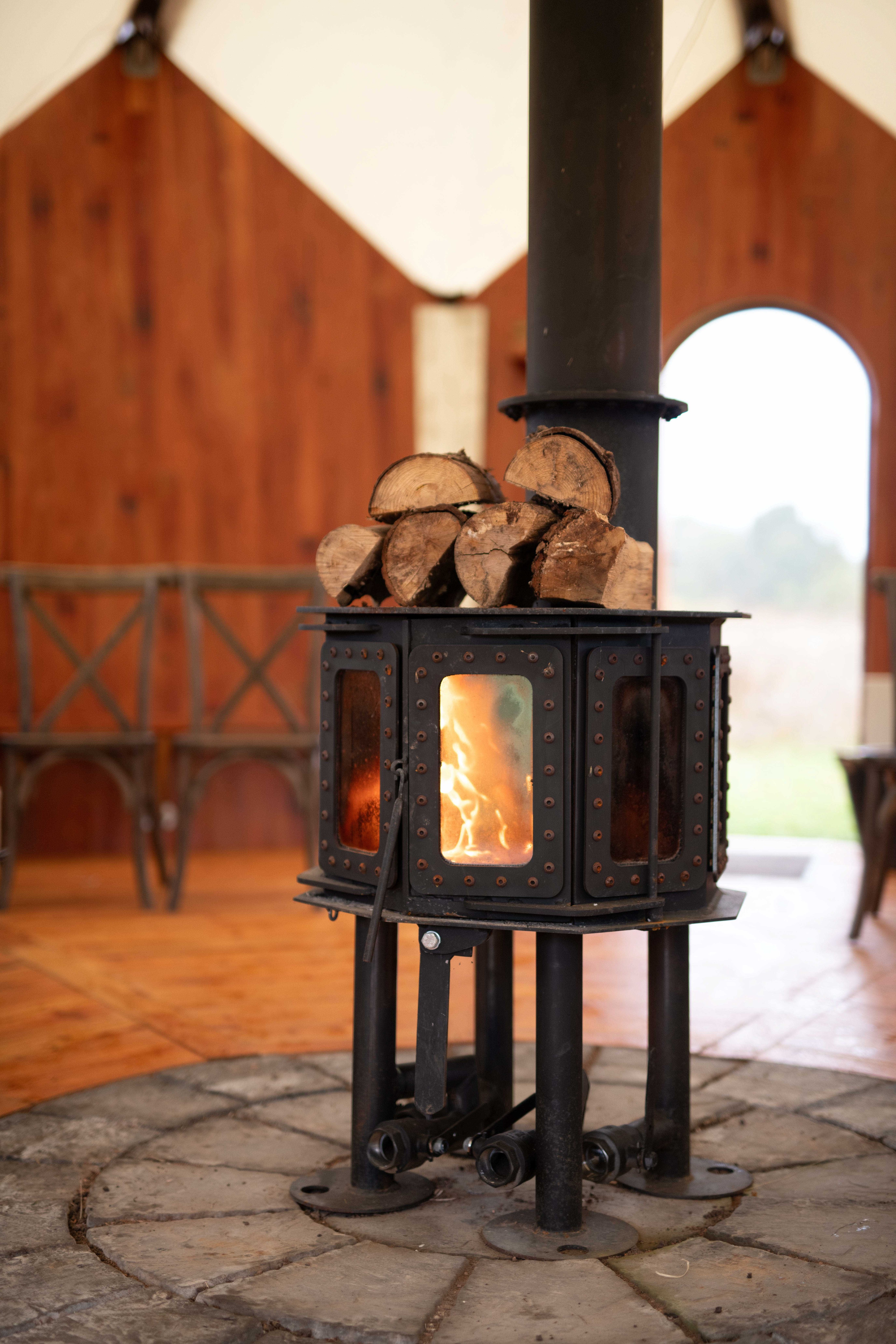 Log burning stove inside our celebration of life venue, Nottinghamshire