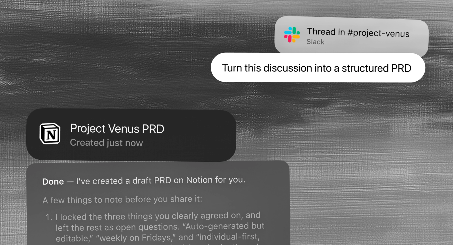 A structured PRD in Notion that Dia distilled from the discussion being viewed, with context, decisions, requirements, and open questions.