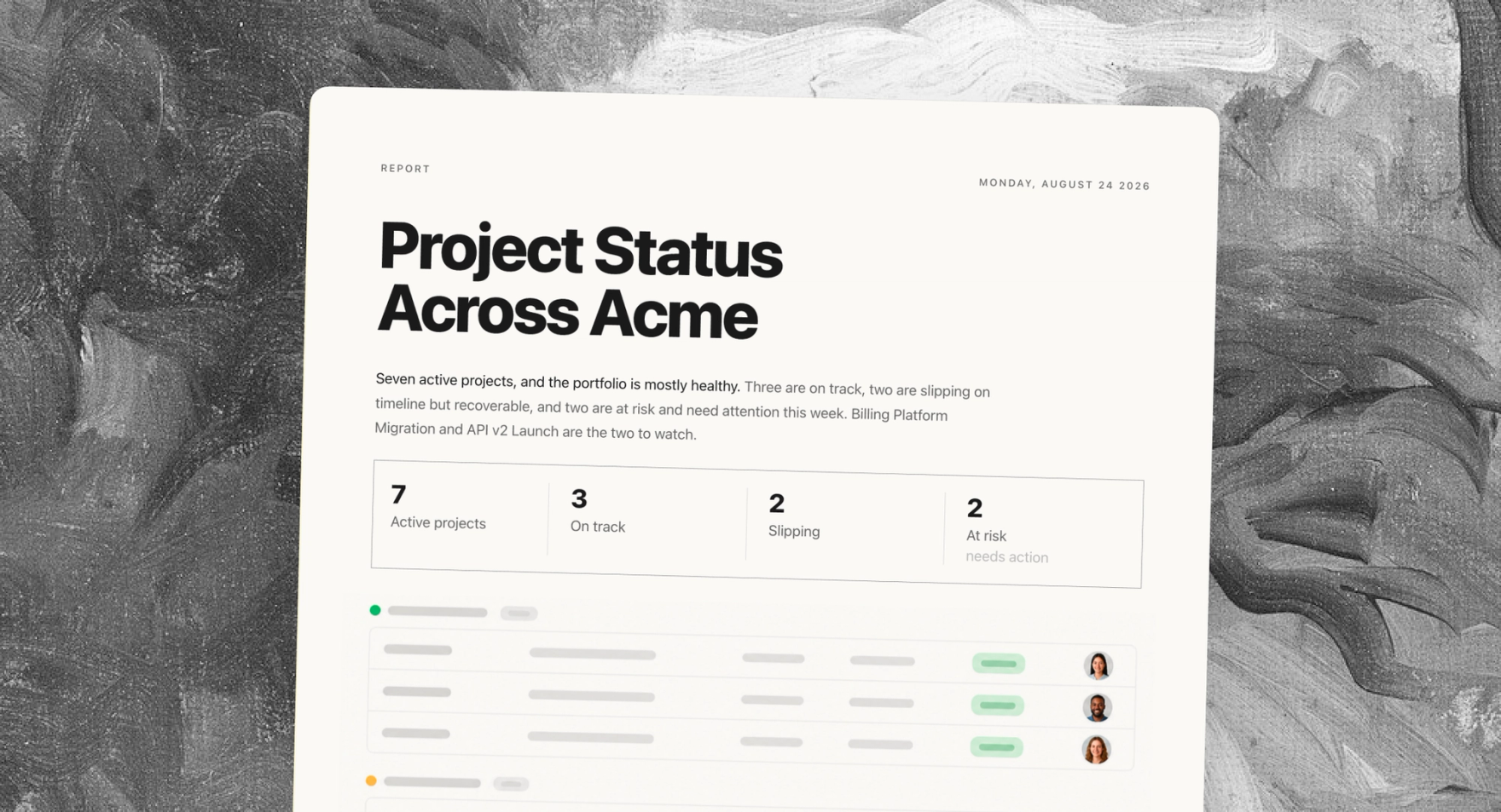 A Dia status rollup read from a Notion projects database, grouping projects into on track, at risk, and slipping, each with an owner.