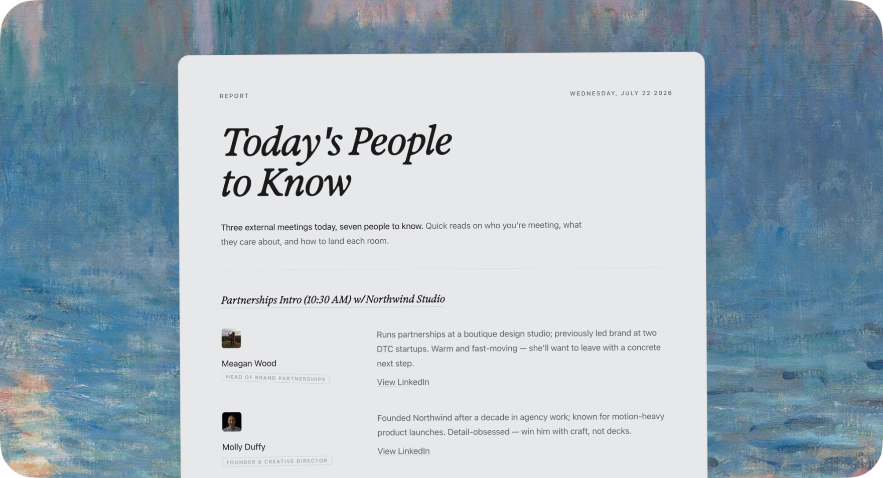 A Dia answer identifying the relevant leaders at a company from LinkedIn, with concise role and background summaries.