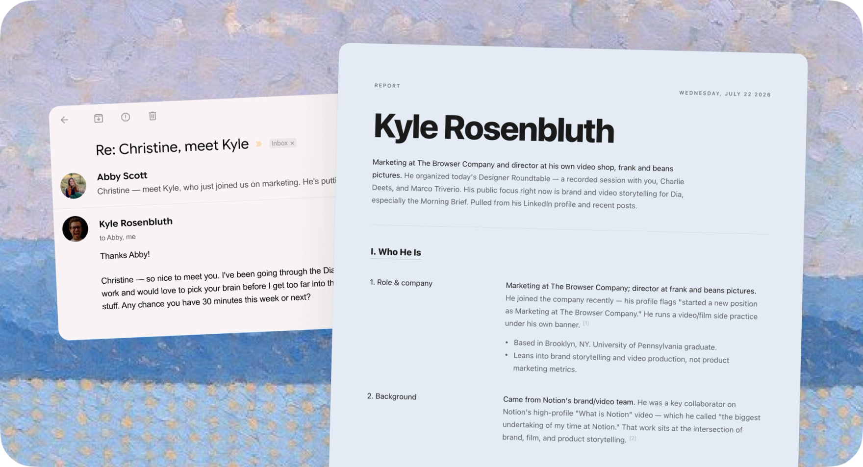 A Dia brief on a LinkedIn profile, summarizing the person’s current role, career path, and recent focus.