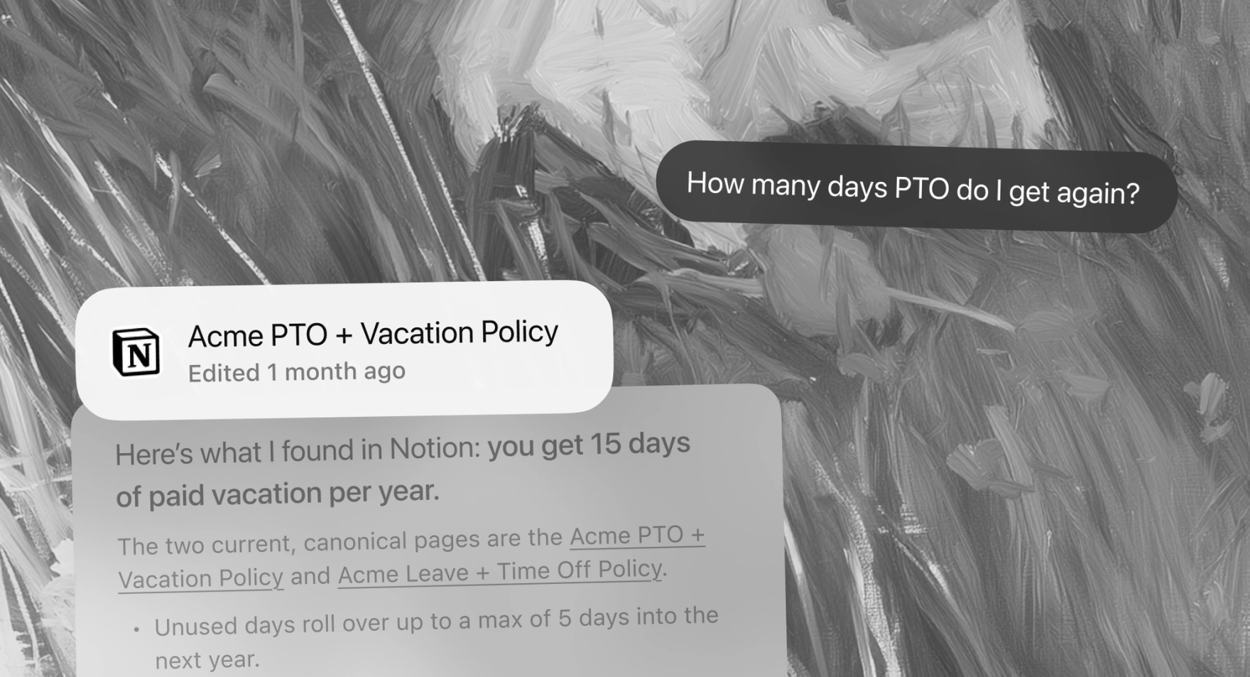 A Dia answer that found the company expense policy in Notion, summarized it, and linked to the exact source section.