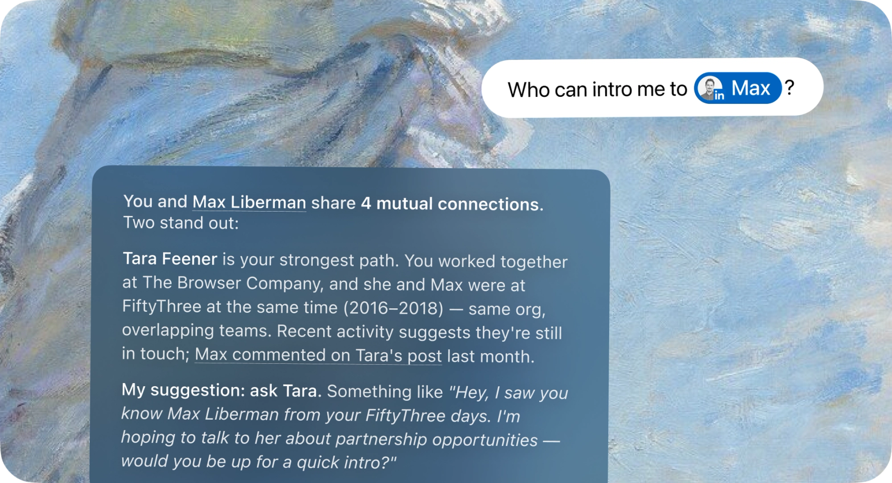 A Dia answer listing the mutual connections shared with a prospect, ranked by who's best placed to make a warm introduction.