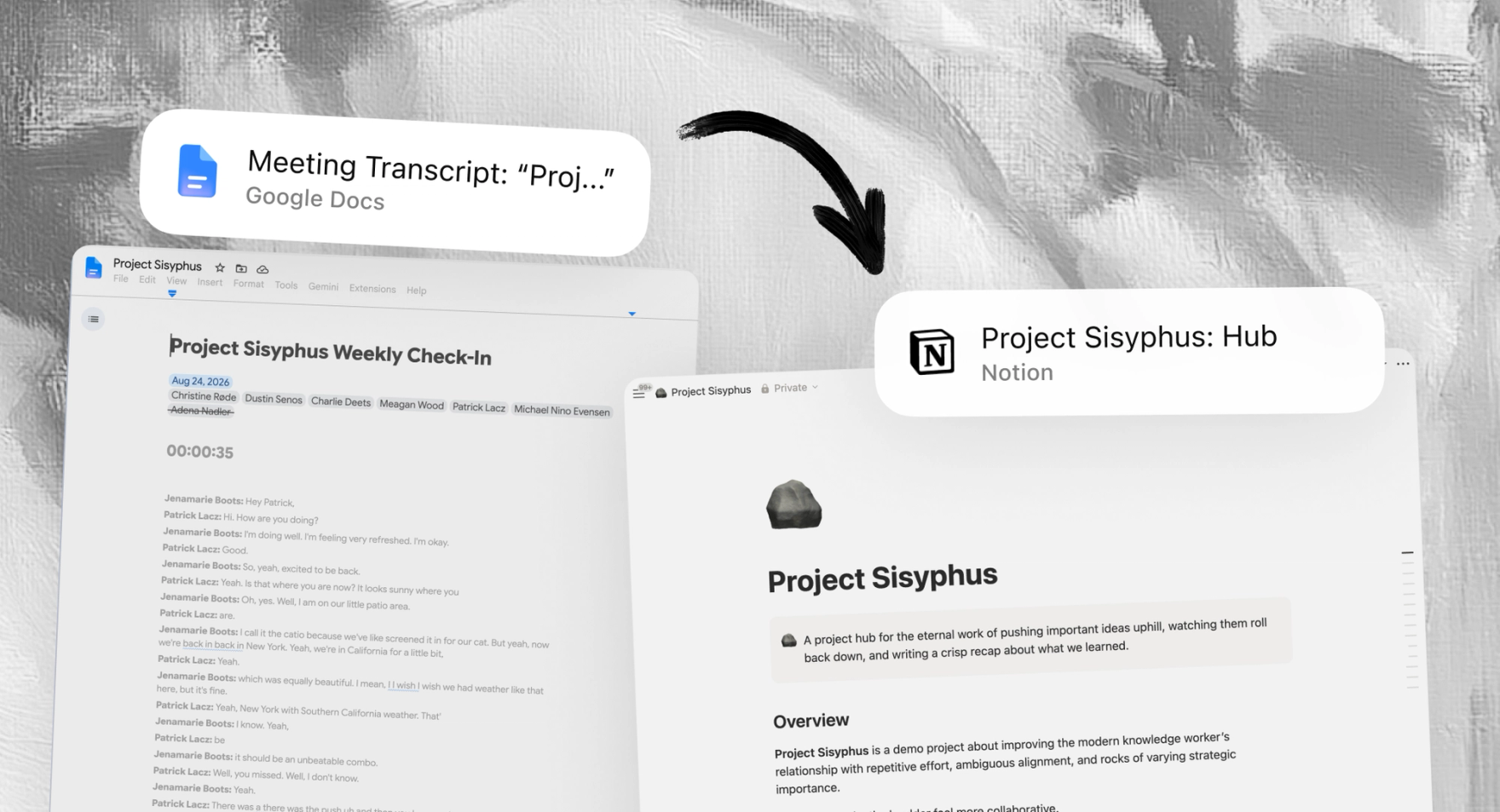 An existing Notion project updated by Dia from meeting notes, with new decisions, assigned action items, and changed milestones highlighted.