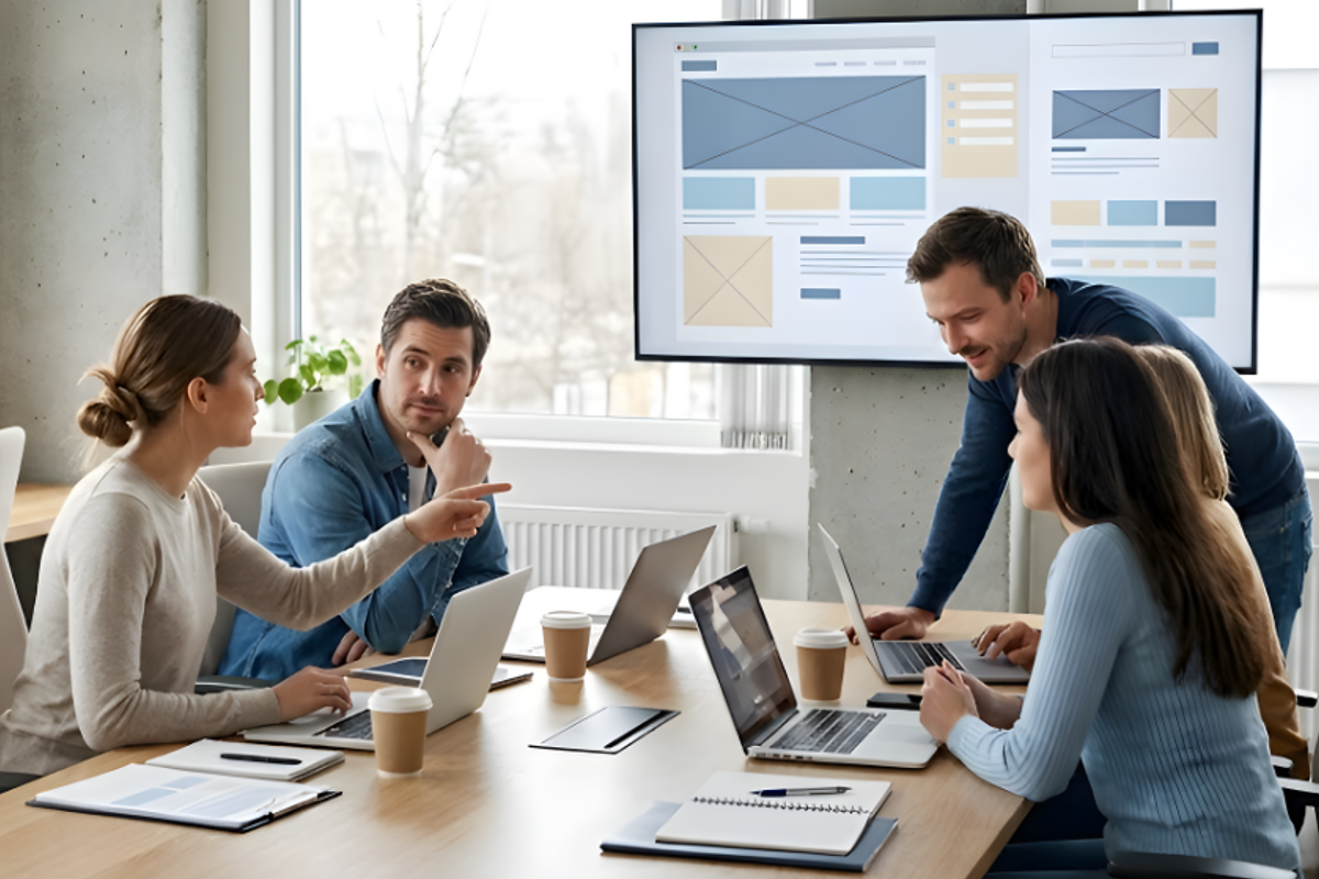 Custom web development strategy, collaborating in design planning session, professional website development company