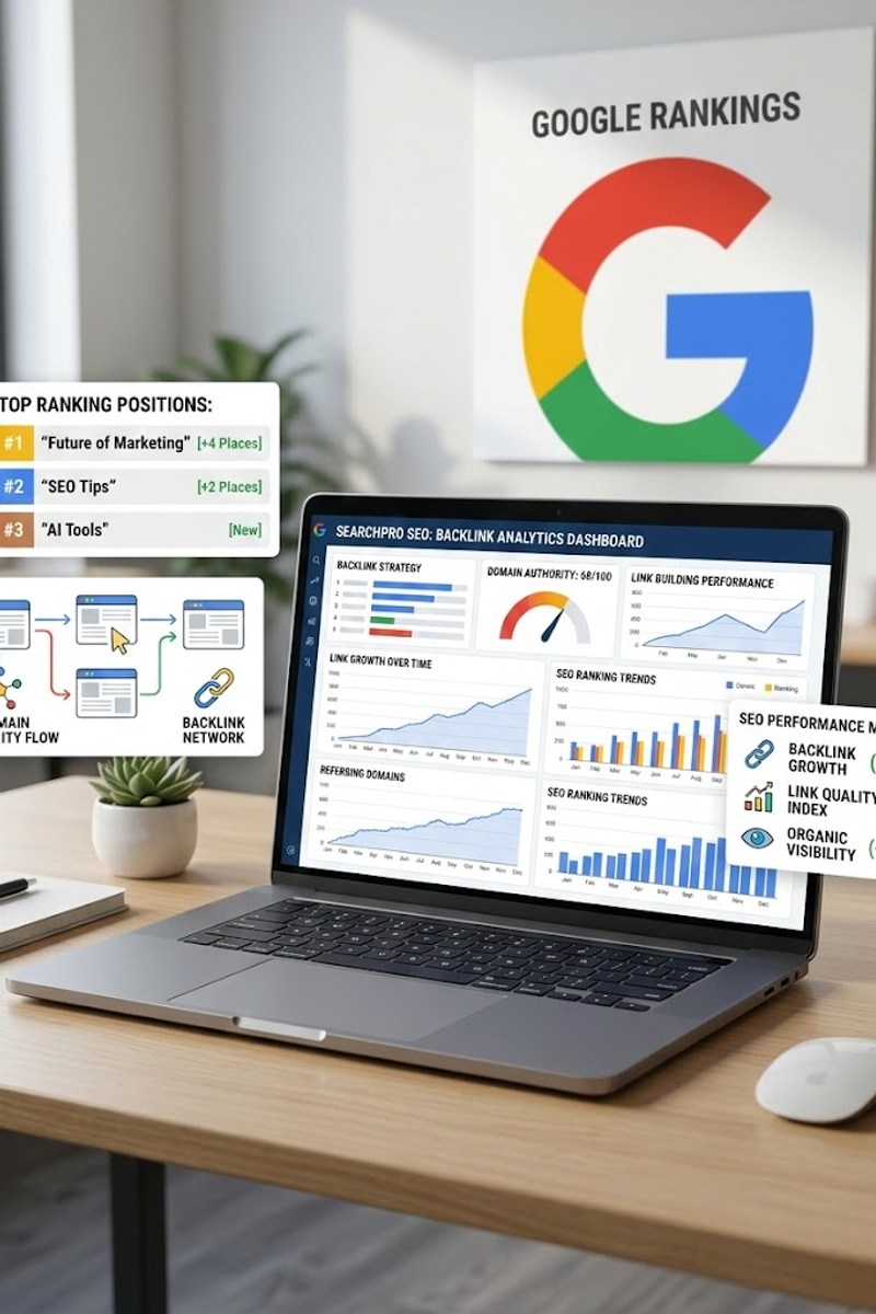 Backlinks SEO strategy showing link building, domain authority growth and Google ranking improvement