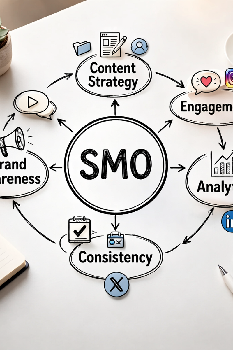 Social media optimization strategy showing engagement growth, analytics dashboard and social media marketing performance