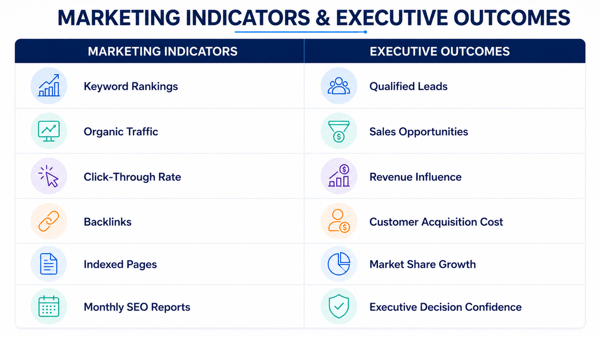 Marketing Indicators and executing outcomes Marketing Indicators Executive Outcomes Keyword Rankings Qualified Leads Organic Traffic Sales Opportunities Click-Through Rate Revenue Influence Backlinks Customer Acquisition Cost Indexed Pages Market Share Growth Monthly SEO Reports Executive Decision Confidence