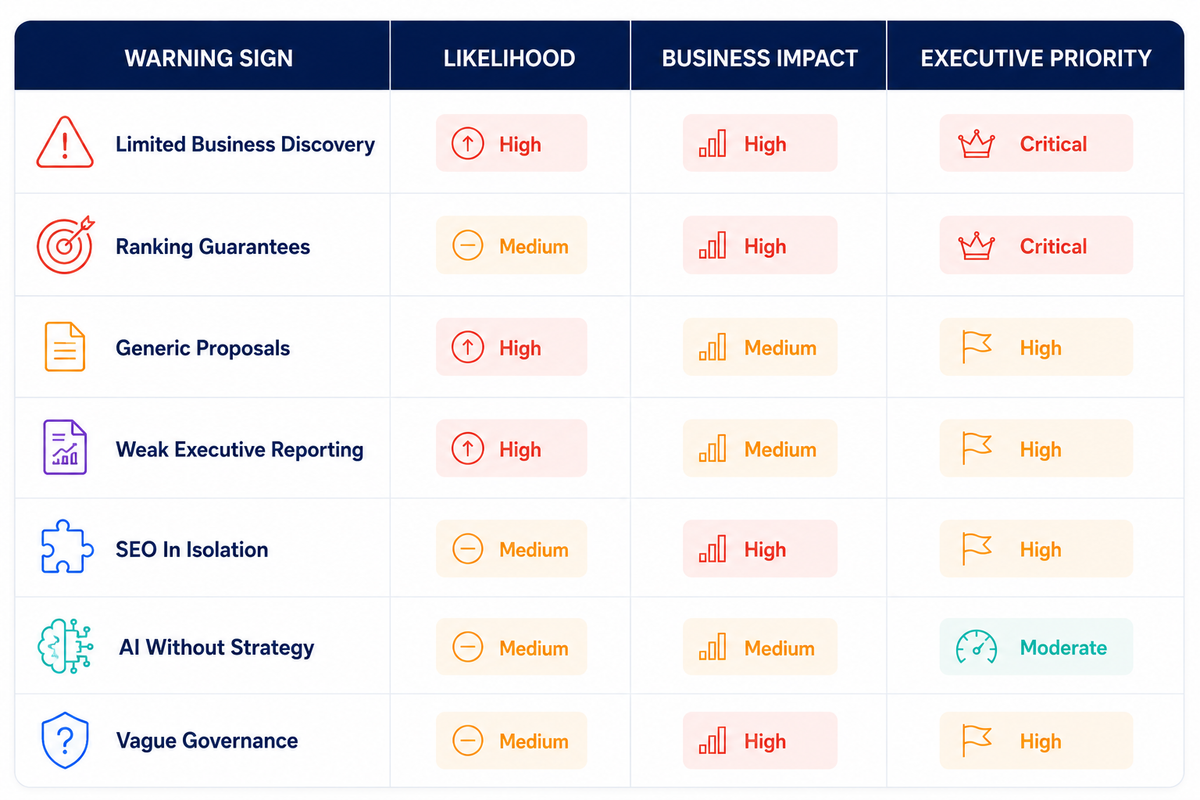professional infographic features a risk matrix with columns and rows arranged for business analysis Warning Sign Likelihood Business Impact Executive Priority Limited Business Discovery High High Critical Ranking Guarantees Medium High Critical Generic Proposals High Medium High Weak Executive Reporting High Medium High SEO In Isolation Medium High High AI Without Strategy Medium Medium Moderate Vague Governance Medium High High