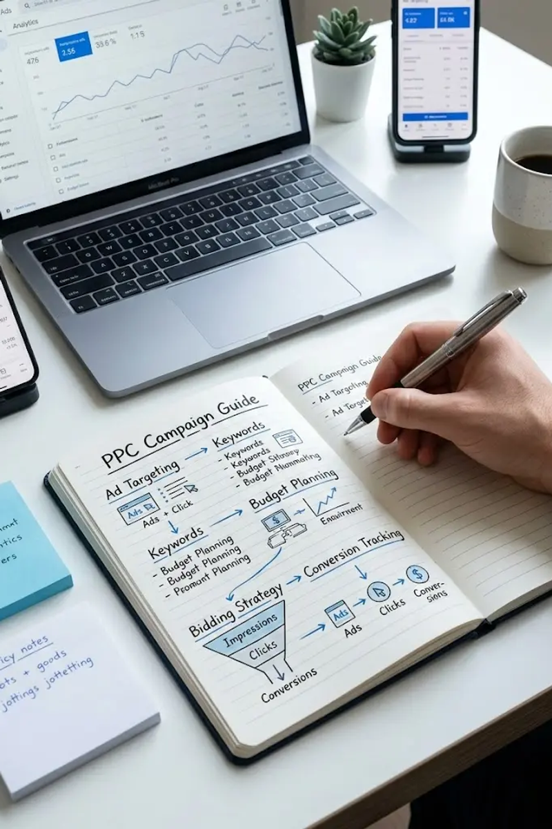 PPC marketing and pay per click advertising strategy showing Google Ads dashboard, campaign analytics and digital marketing performance