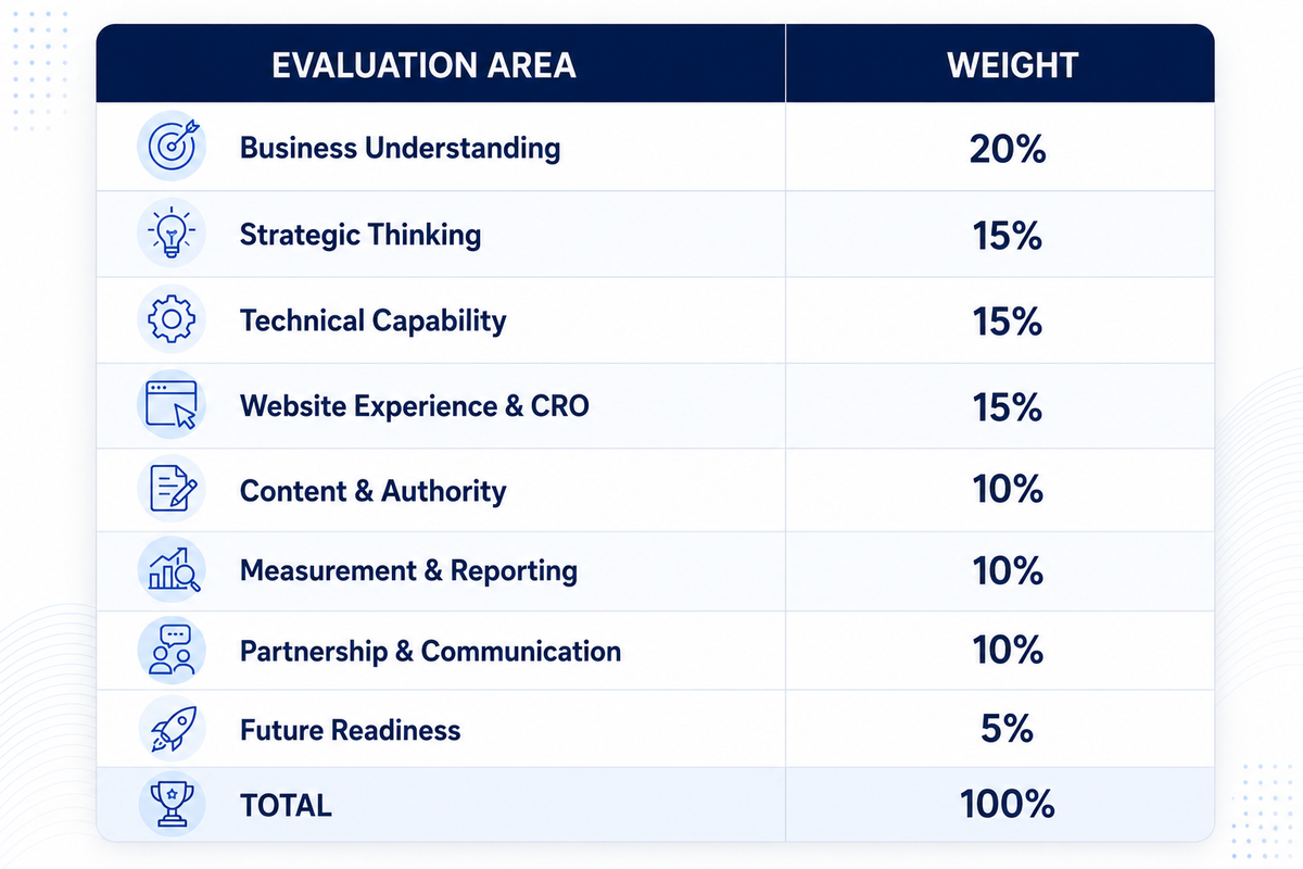Evaluation Area and Weight Evaluation Area Weight Business Understanding 20% Strategic Thinking 15% Technical Capability 15% Website Experience & CRO 15% Content & Authority 10% Measurement & Reporting 10% Partnership & Communication 10% Future Readiness 5% Total 100%