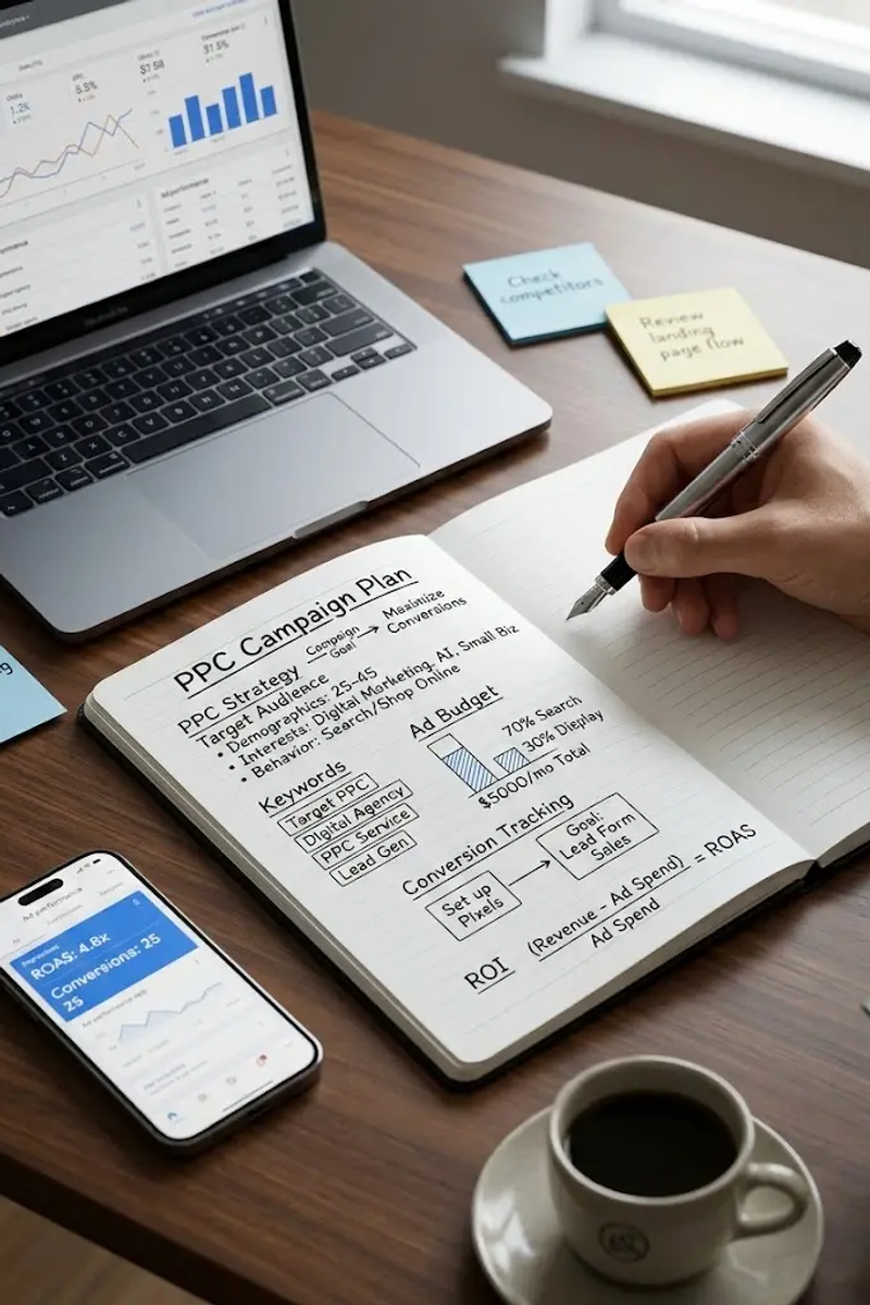 PPC advertising campaign concept showing Google Ads dashboard, pay per click strategy and digital marketing analytics