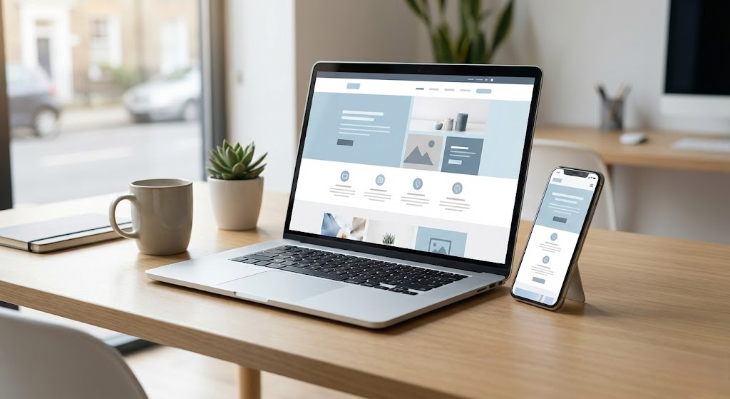 Contemporary website development exhibited on laptops and mobile devices, emphasising responsive design and cross-platform functionality.