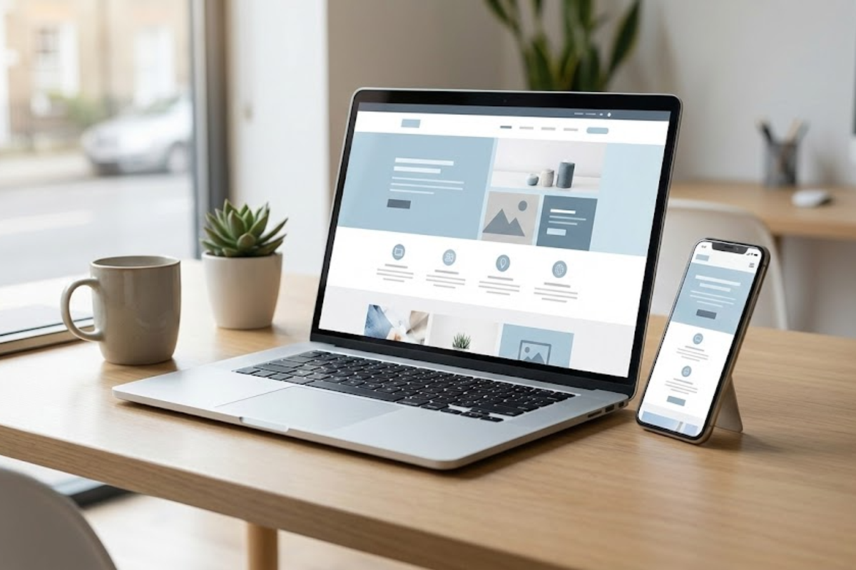 Contemporary website development exhibited on laptops and mobile devices, emphasising responsive design and cross-platform functionality.
