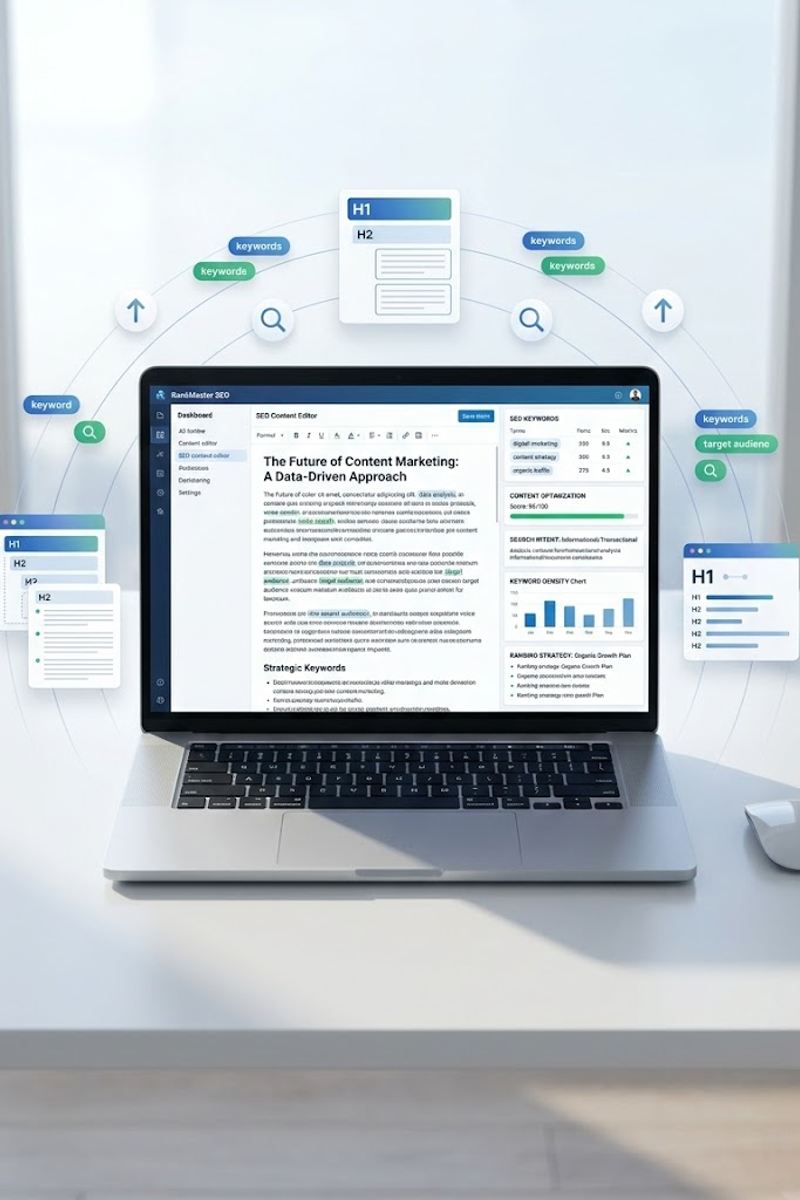 SEO consultant analyzing SEO keywords strategies and SEO optimization dashboard to improve SEO ranking and implement SEO best practices and SEO solutions.