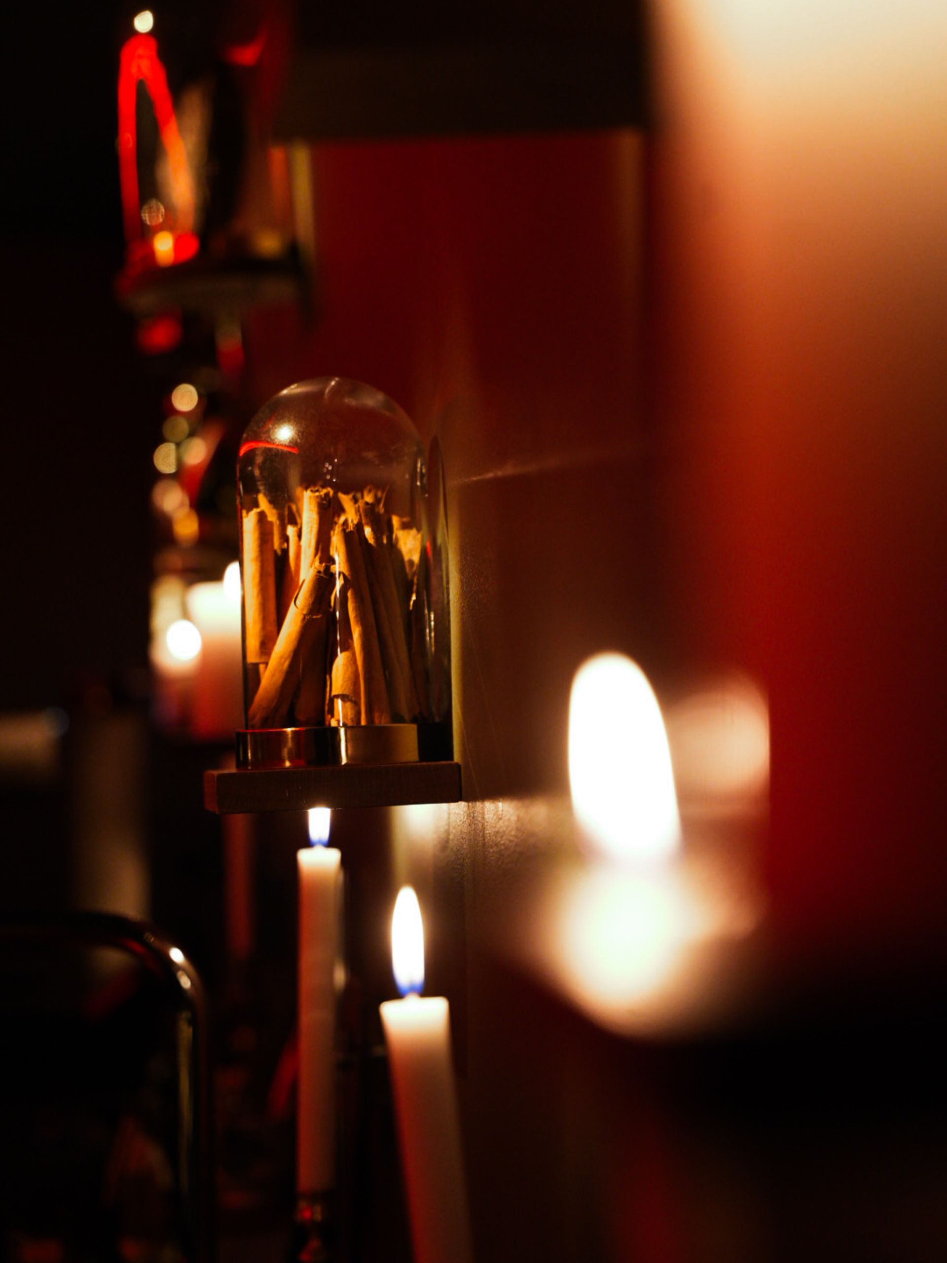 A wall sconce of dried herbs and cinnamon in a glass dome, candlelight below.